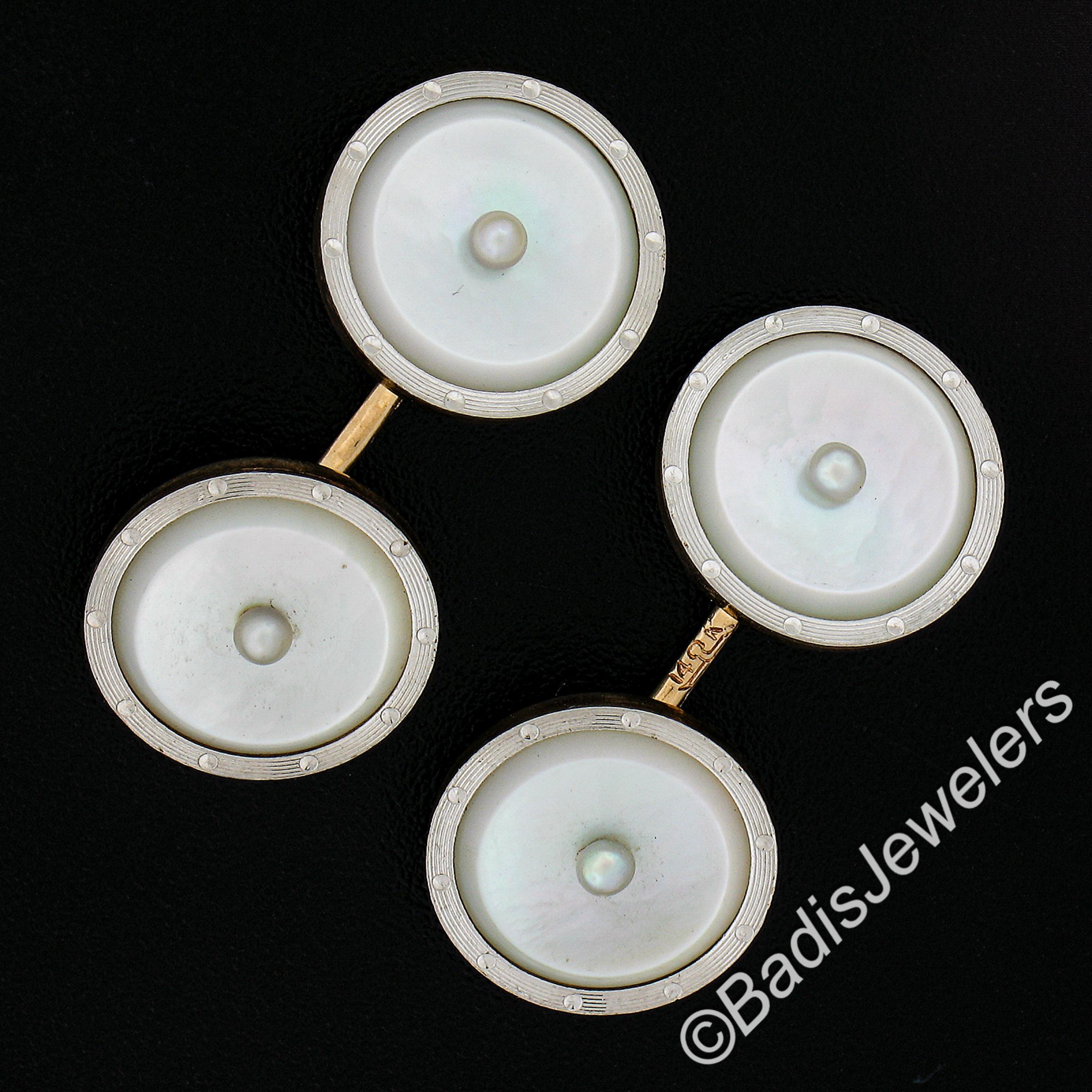 --Stone(s):--
(4) Natural Genuine Black Mother of Pearl - Round Shape - Bezel Set - White Color w/ Green & Pink Overtone - 11.2mm each (approx.)
(4) Cultured Seed Pearls - Round Shape - Stem Set - White Color - 2.3mm each (approx.)

Material: Solid