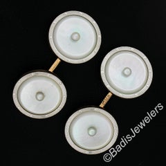 Boutons de manchette ronds en or 14k et platine nacre pour hommes avec bord rainuré