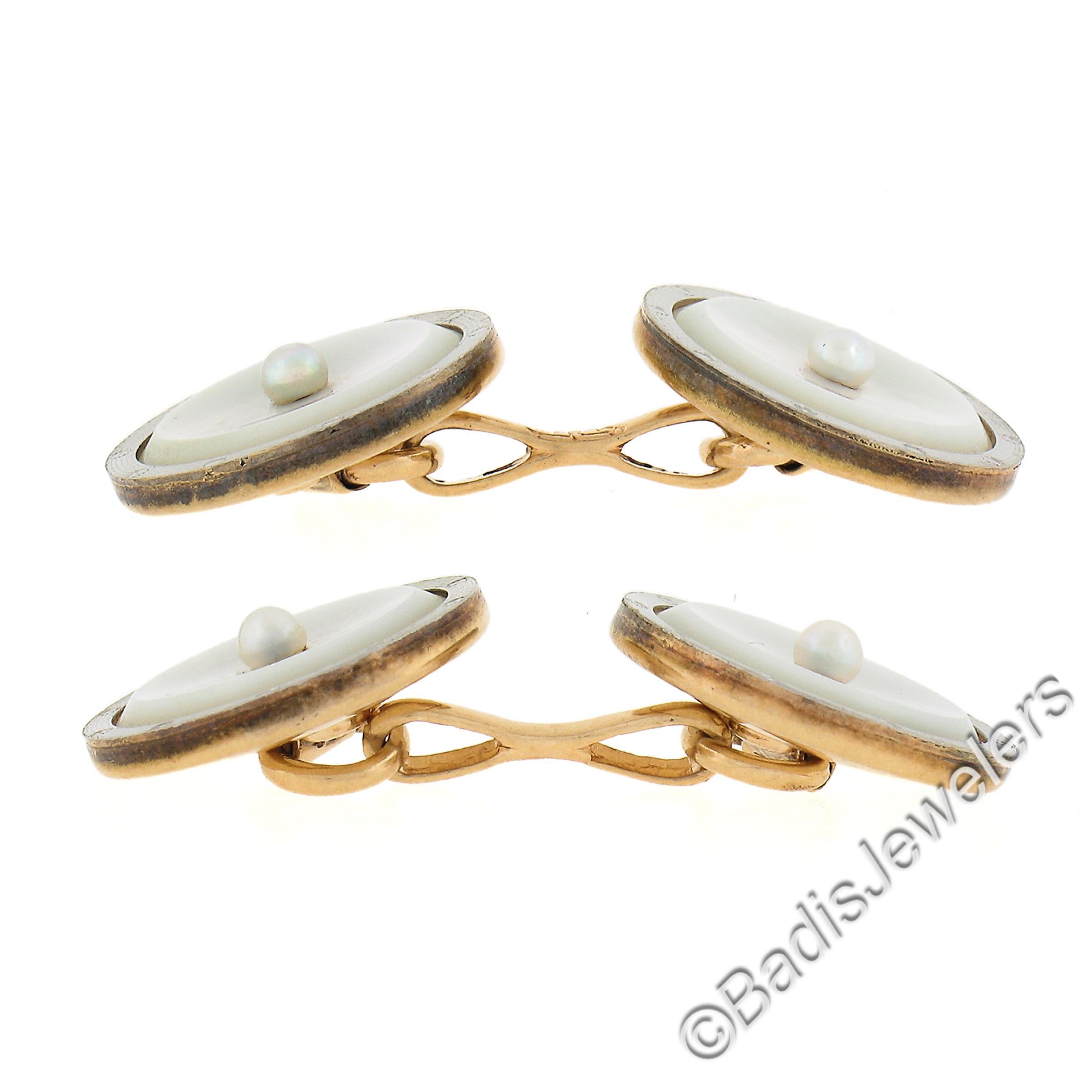 Mens Antique 14k Gold & Platinum Mother of Pearl w/ Grooved Rim Round Cuff Links In Excellent Condition For Sale In Montclair, NJ