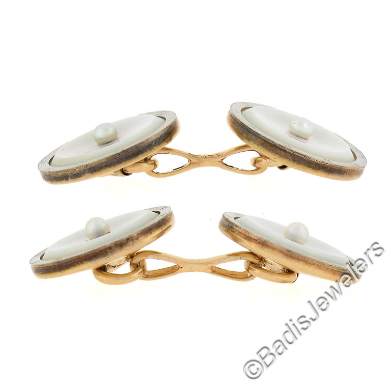 Boutons De Manchette Hommes Or Blanc 14 Carats Ovale – Accents Diamant, 6,8 Grammes