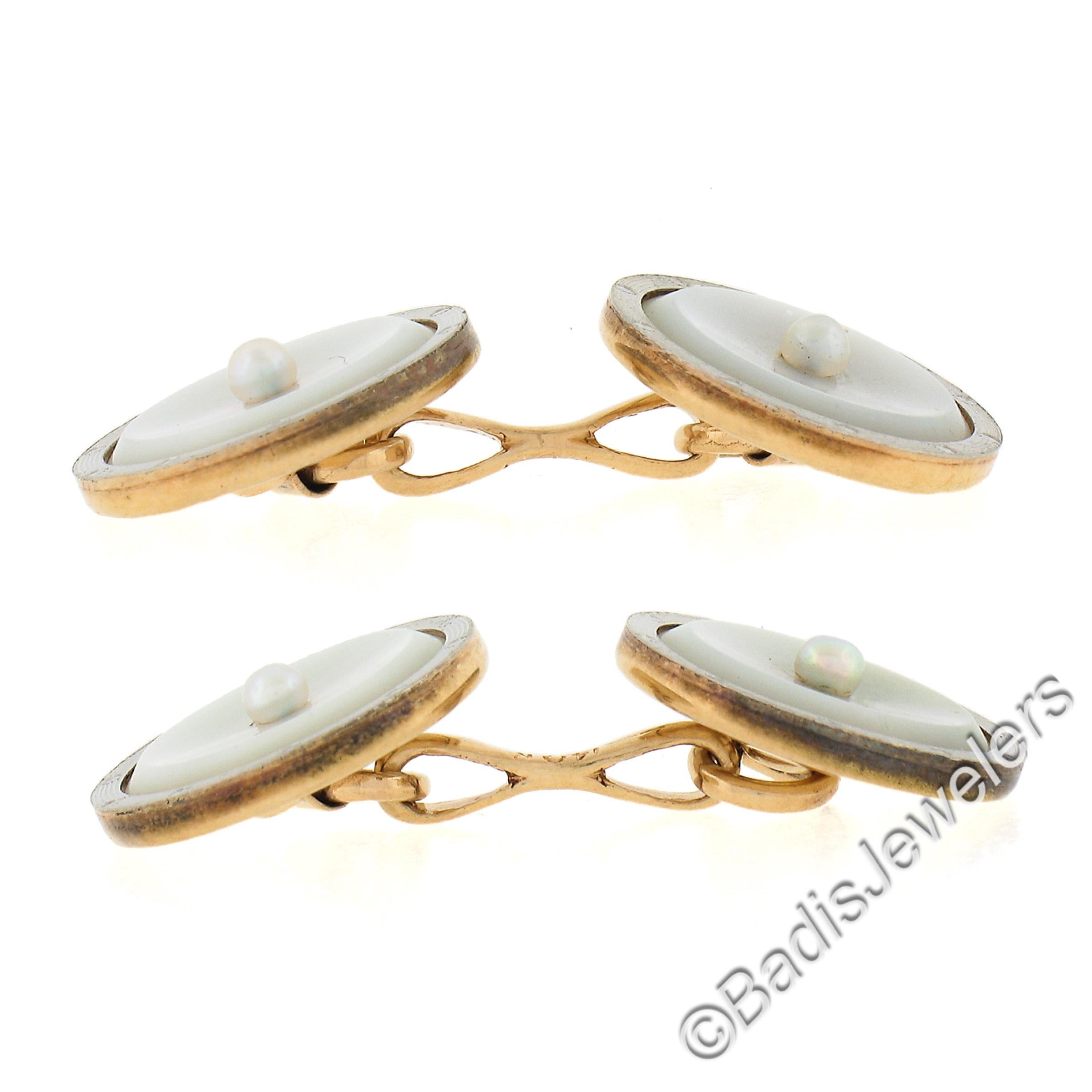 Men's Mens Antique 14k Gold & Platinum Mother of Pearl w/ Grooved Rim Round Cuff Links For Sale