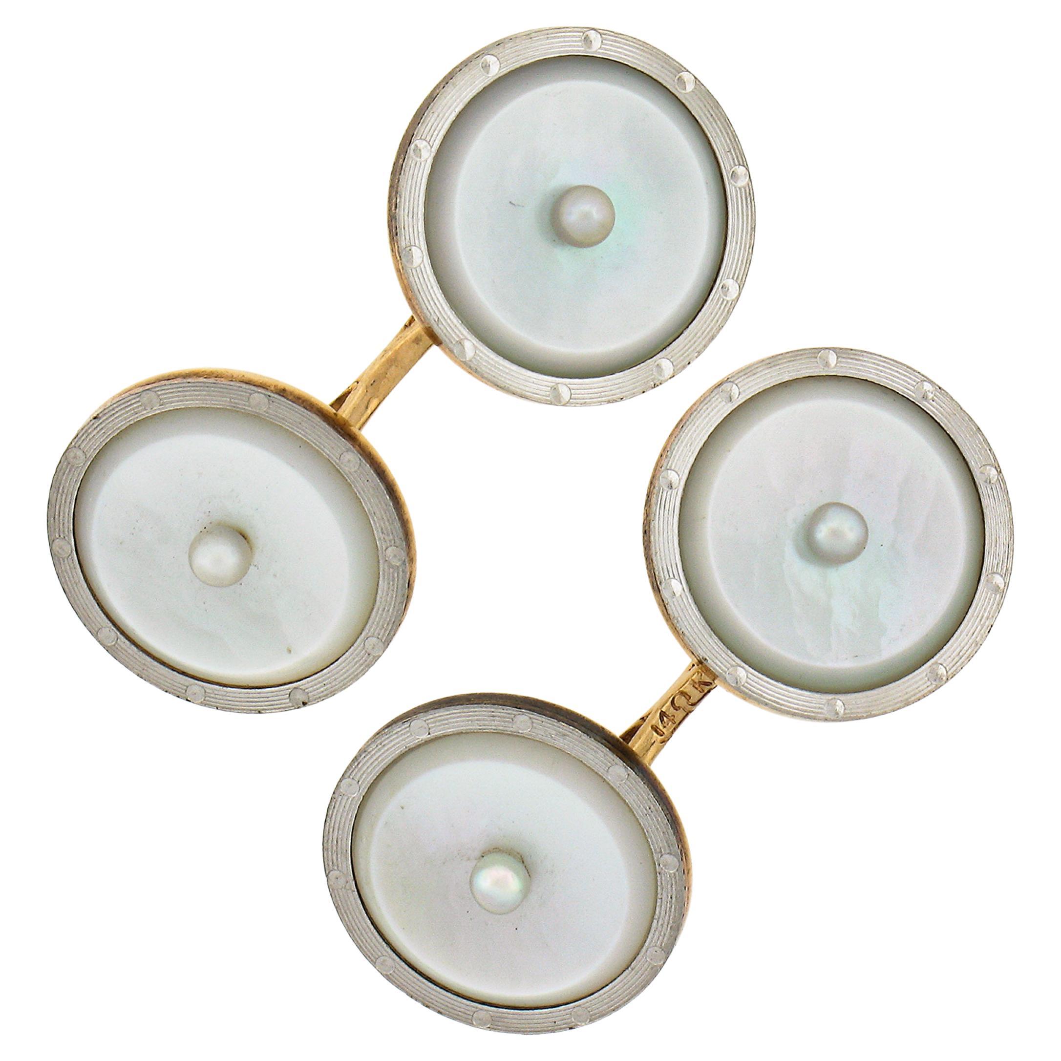 Mens Antique 14k Gold & Platinum Mother of Pearl w/ Grooved Rim Round Cuff Links For Sale