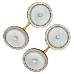Mens Antique 14k Gold & Platinum Mother of Pearl w/ Grooved Rim Round Cuff Links