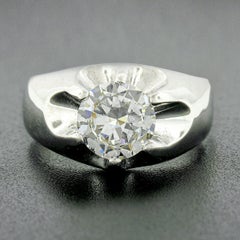 Men's Antique 14k White Gold 2.47ct GIA Belcher Set Diamond Solitaire Gypsy Ring