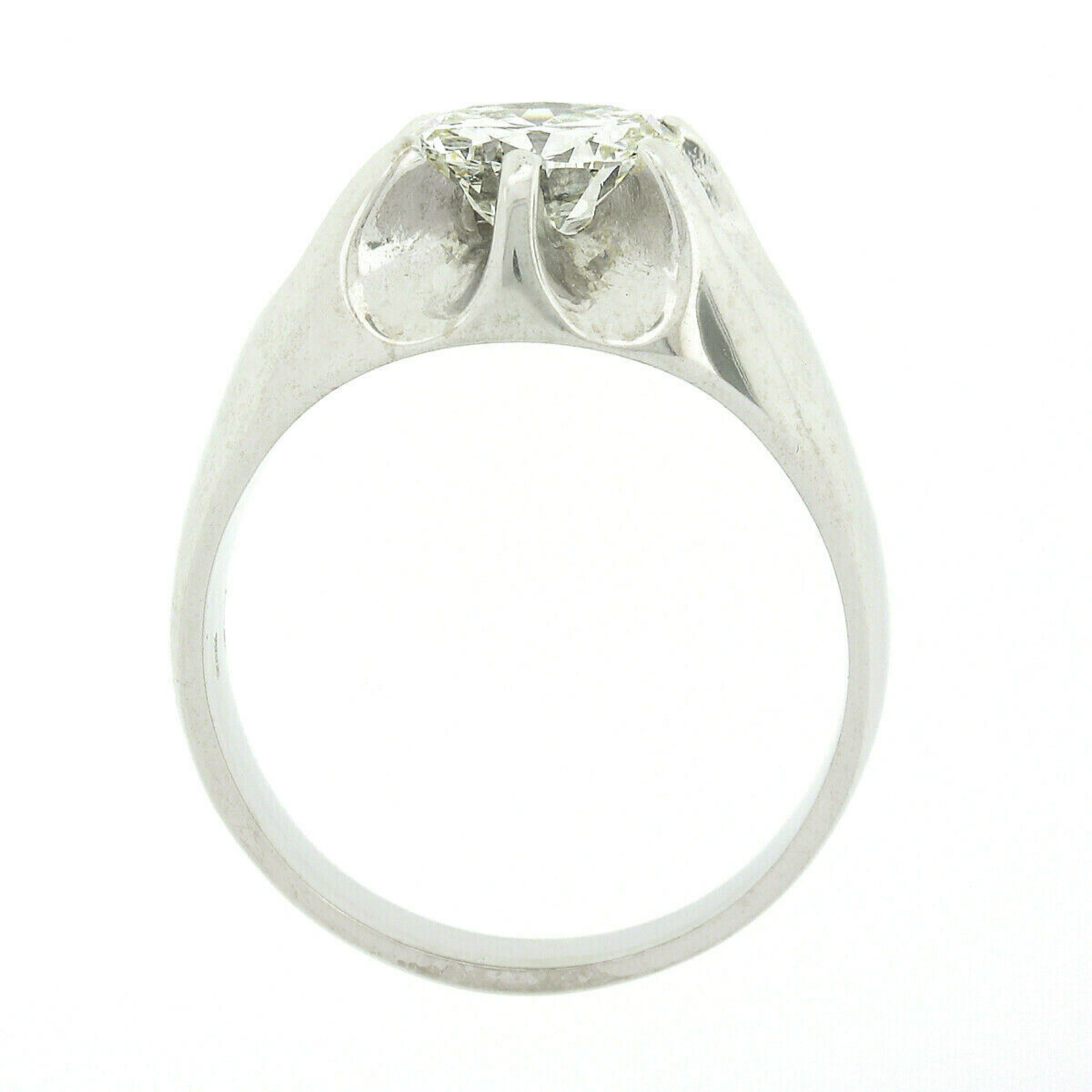 Men's Antique 14k White Gold 2.47ct GIA Belcher Set Diamond Solitaire Gypsy Ring In Good Condition In Montclair, NJ