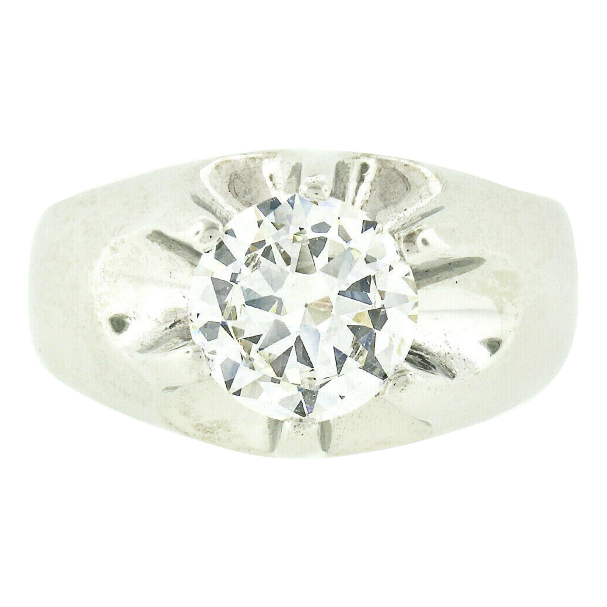 Men's Antique 14k White Gold 2.47ct GIA Belcher Set Diamond Solitaire Gypsy Ring