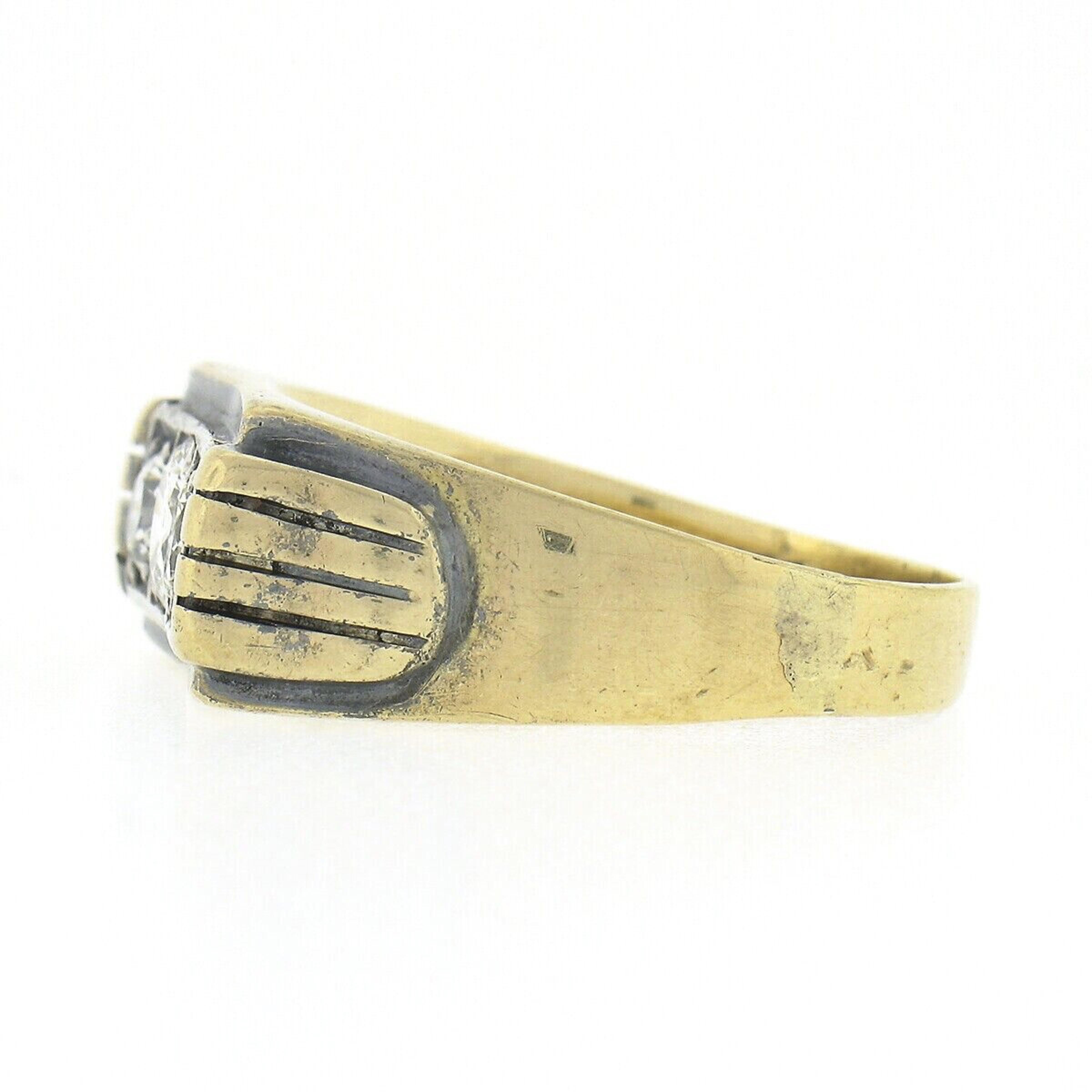 Art Deco Men's Antique 14K Yellow Gold 1.20ctw European Diamond 3 Stone Ribbed Band Ring