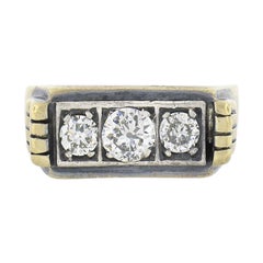 Men's Antique 14K Yellow Gold 1.20ctw European Diamond 3 Stone Ribbed Band Ring