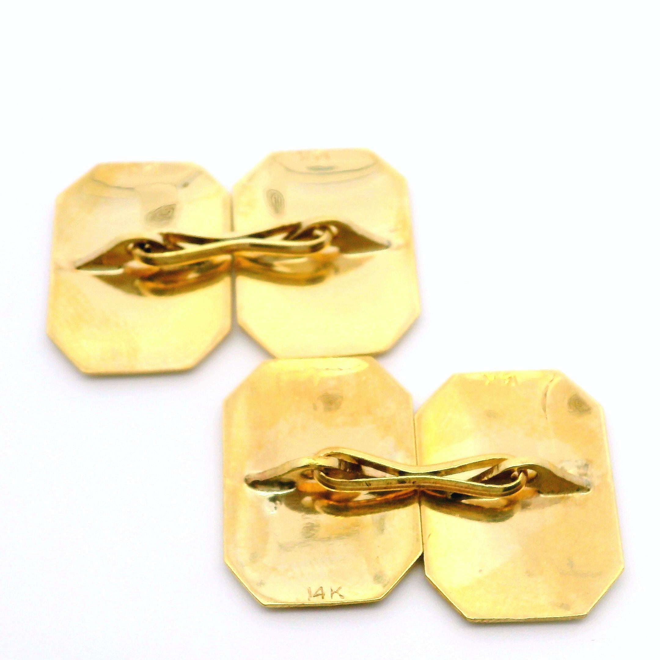 Gemelli da uomo antichi in oro giallo 14k con scanalatura rettangolare e incisione In condizioni ottime in vendita a Montclair, NJ