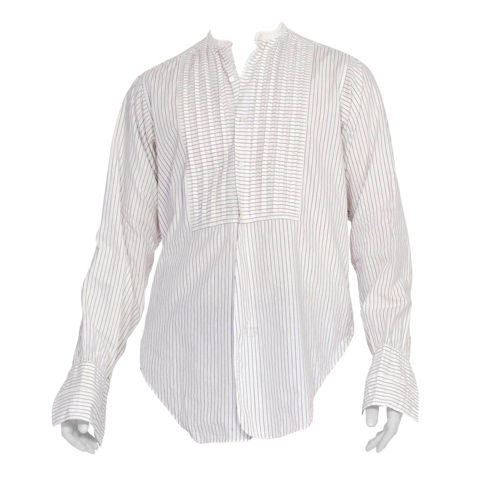 1920S Black & White Pinstripe Organic Cotton Men's Antique Banded Collar Bib Fr