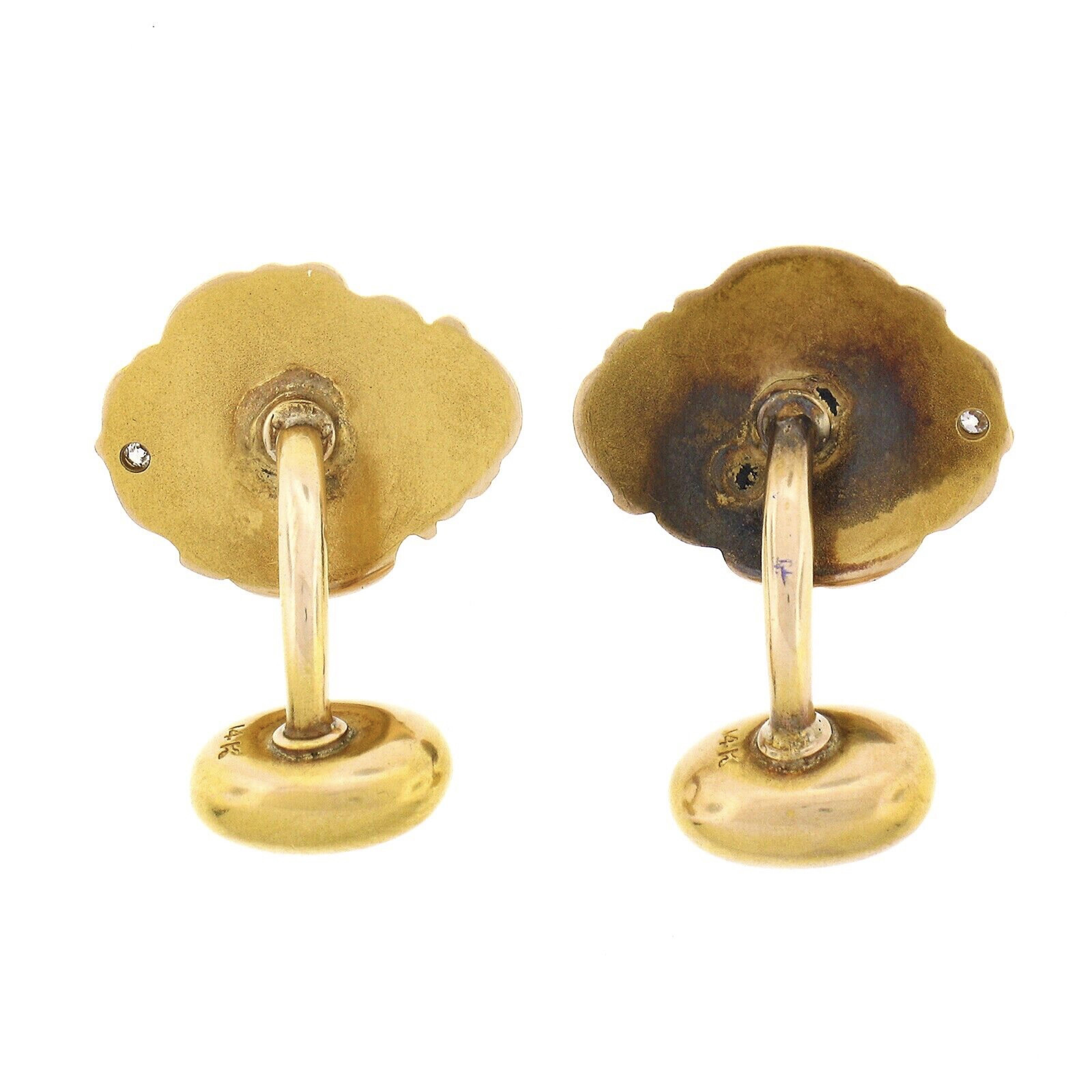 Taille simple Boutons de manchette en or 14 carats avec détails en forme de nymphes et diamants, style Art nouveau ancien, pour hommes en vente