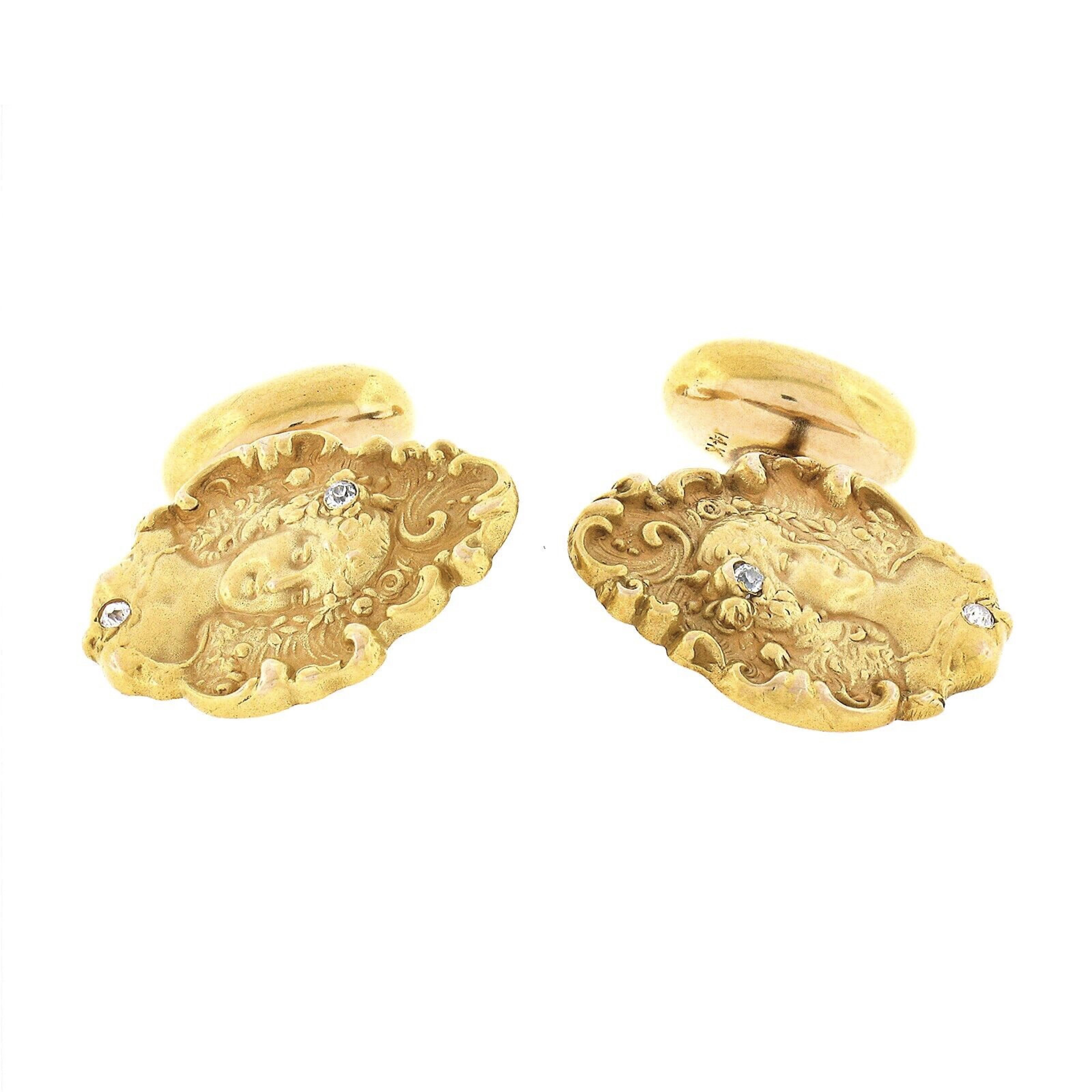 Men's Antique Art Nouveau 14k Gold Detailed Nymph Lady Diamond Accent Cuff Links For Sale 1