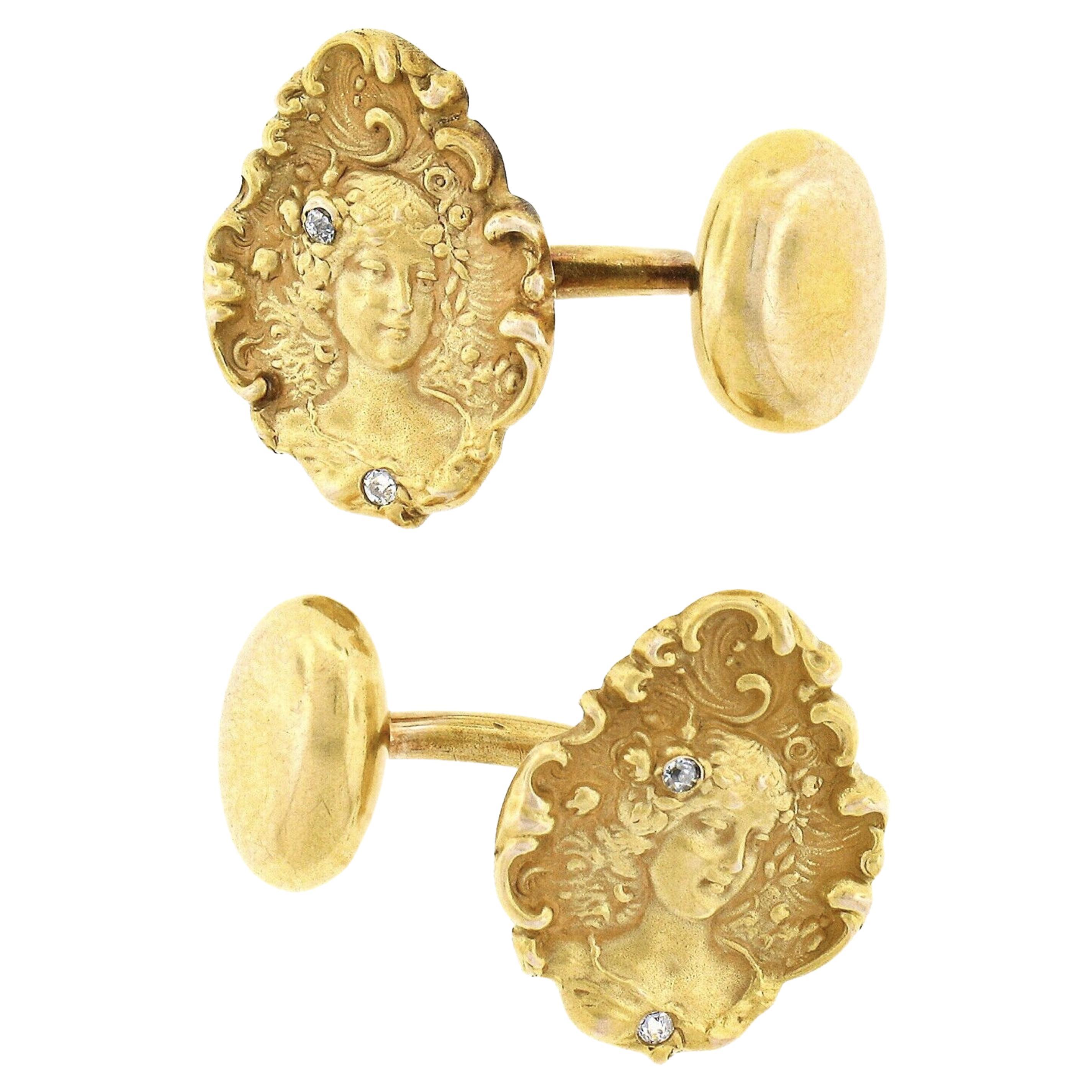 Herren antike Jugendstil 14k Gold detaillierte Nymphe Diamant Akzent Manschettenknöpfe für Herren im Angebot