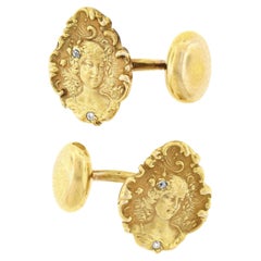 Men's Antique Art Nouveau 14k Gold Detailed Nymph Lady Diamond Accent Cuff Links