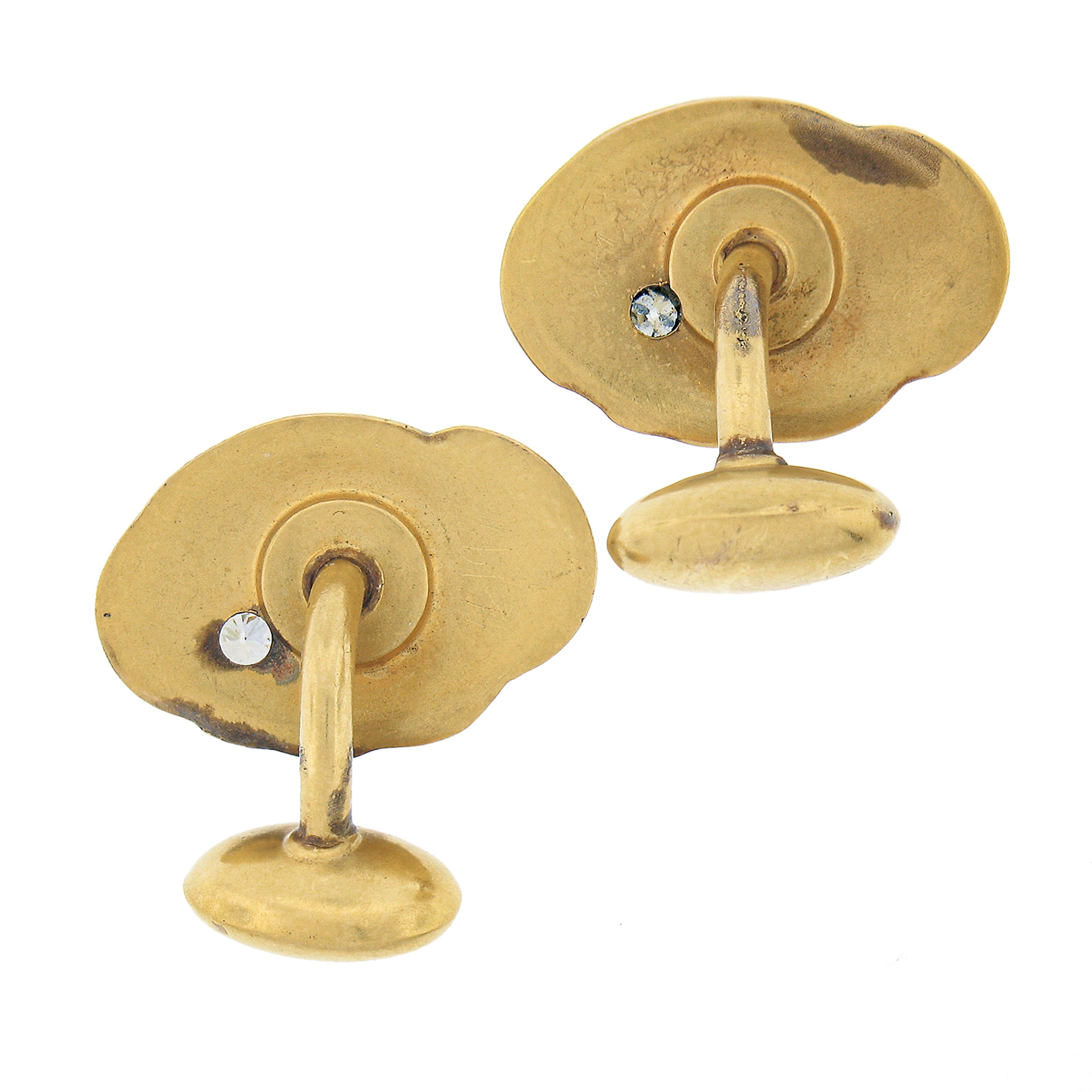 Single Cut Men's Antique Art Nouveau 14k Gold Swan Repousse Work Diamond Accent Cuff Links