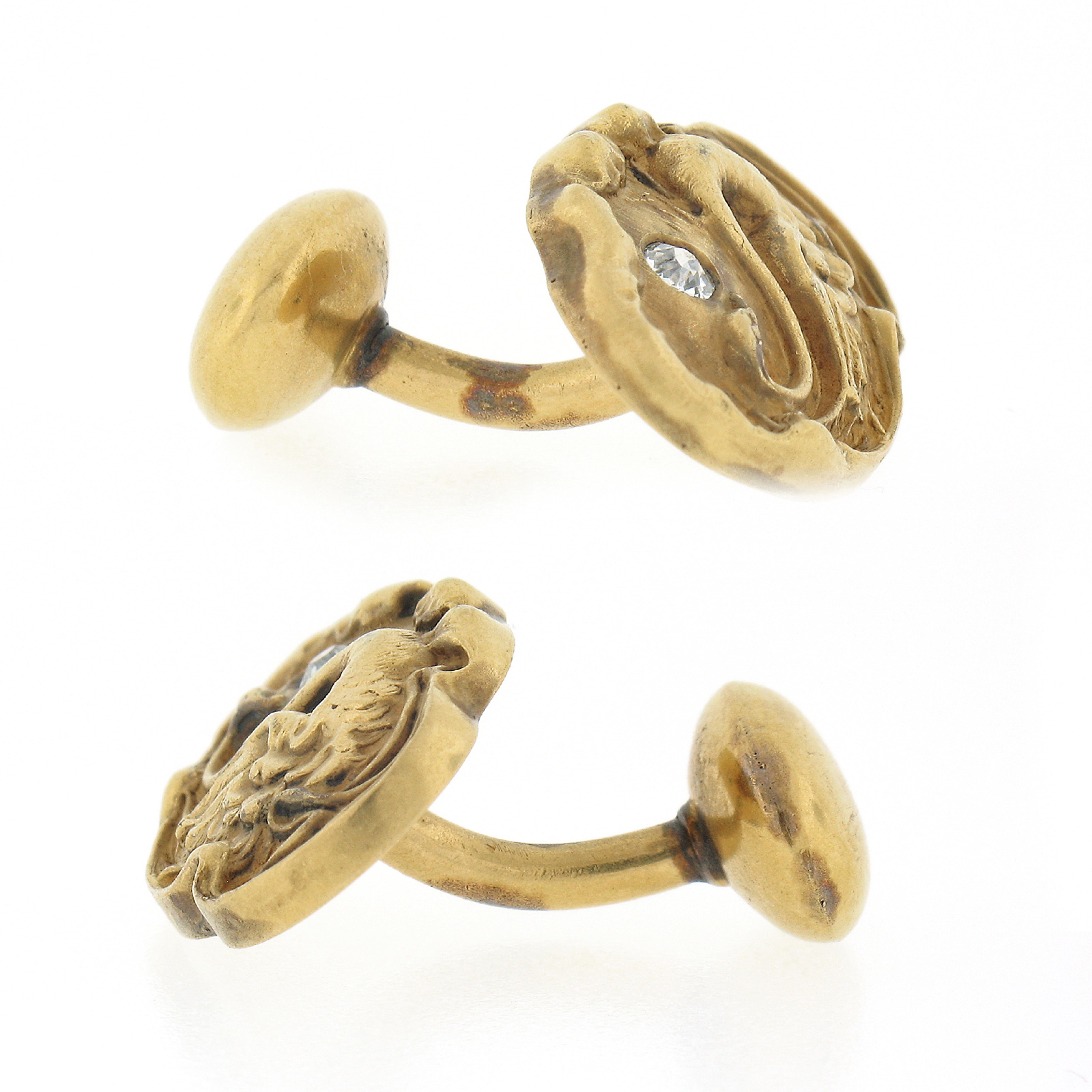 Men's Antique Art Nouveau 14k Gold Swan Repousse Work Diamond Accent Cuff Links In Good Condition In Montclair, NJ