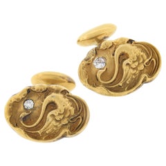 Men's Antique Art Nouveau 14k Gold Swan Repousse Work Diamond Accent Cuff Links