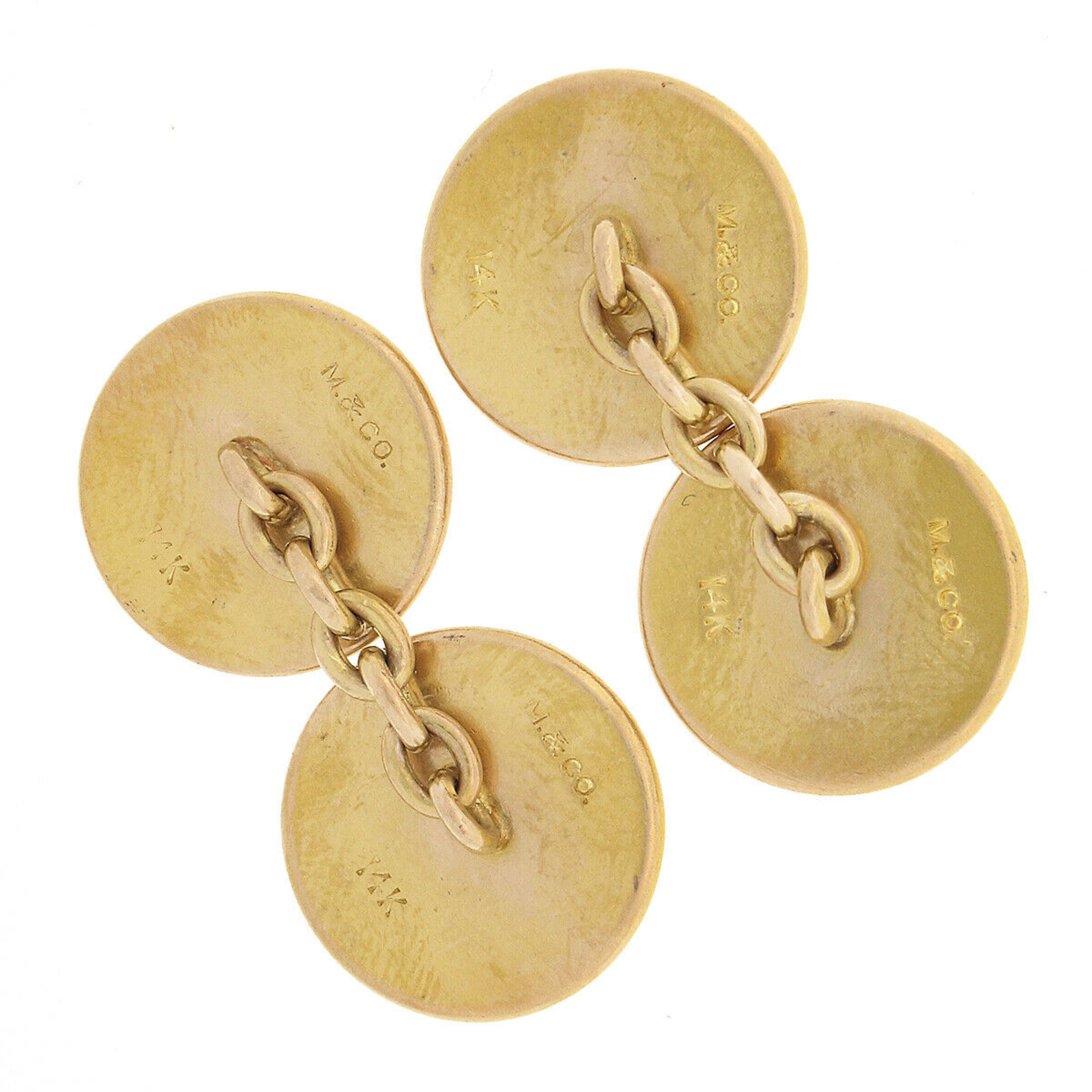 Art nouveau Marcus & Co. Boutons de manchette anciens en or 14 carats avec disques ronds encadrés de caractères chinois pour hommes en vente