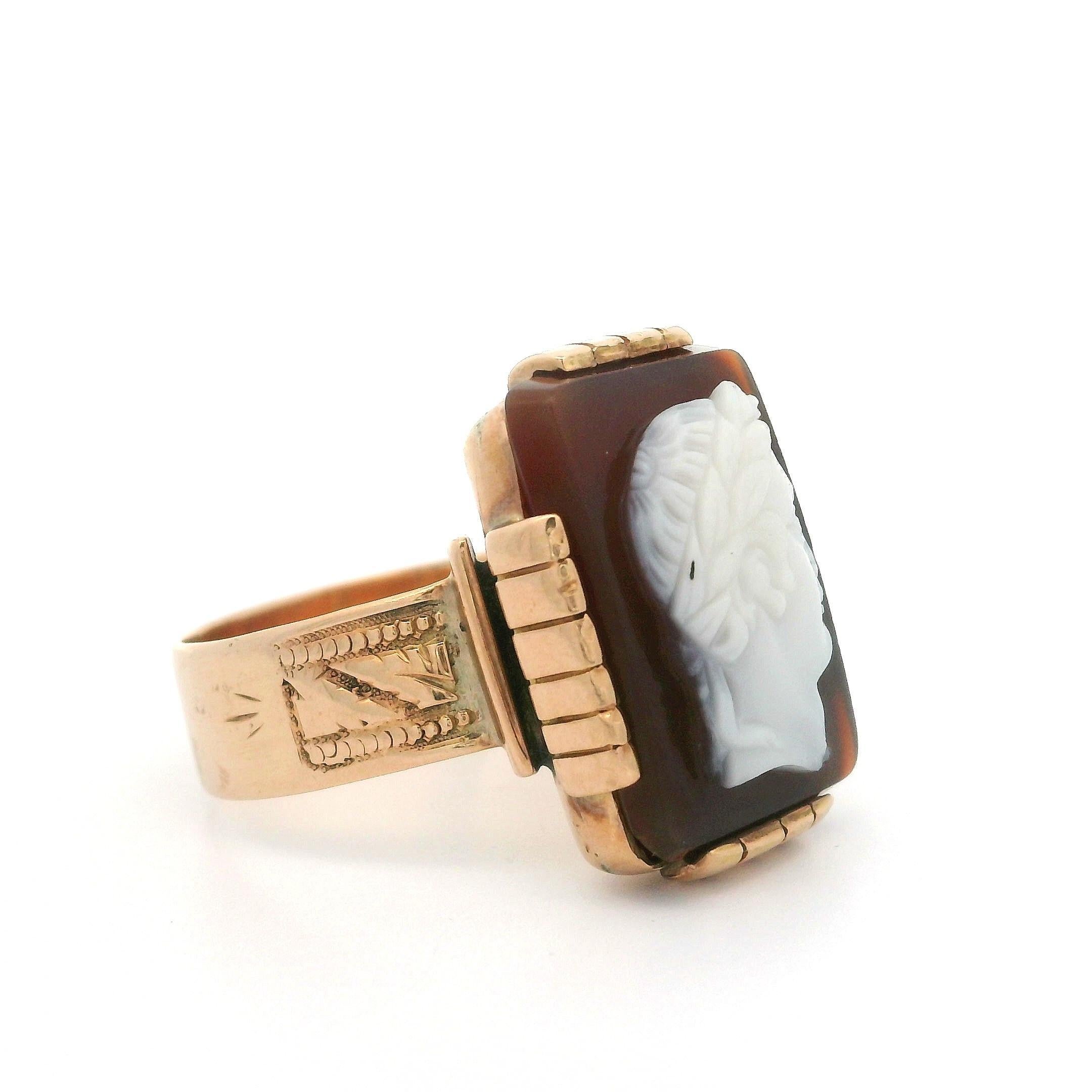 Men's Antique Victorian 14k Rosy Yellow Gold Hardstone Male Carved Cameo Ring 7