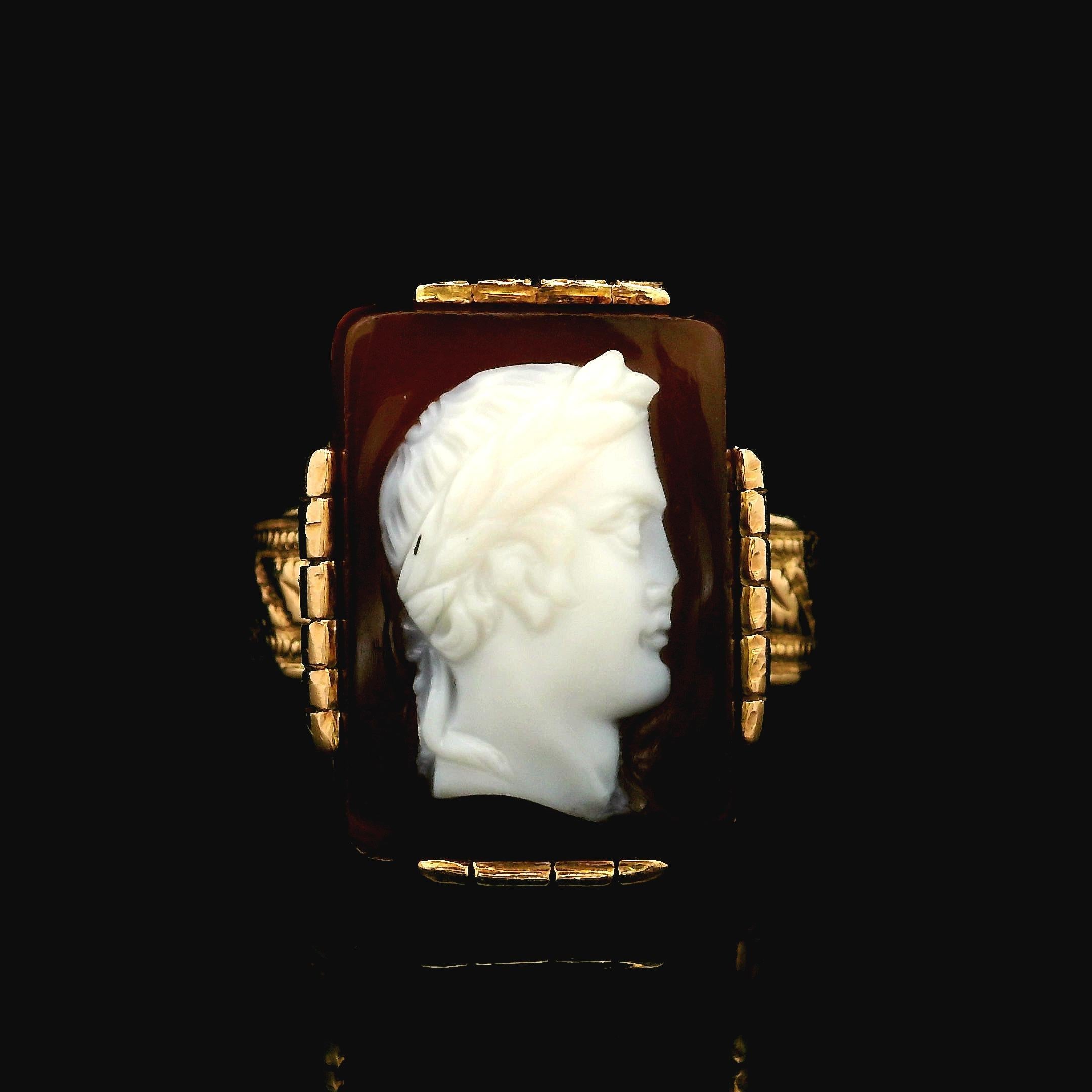 Men's Antique Victorian 14k Rosy Yellow Gold Hardstone Male Carved Cameo Ring 2
