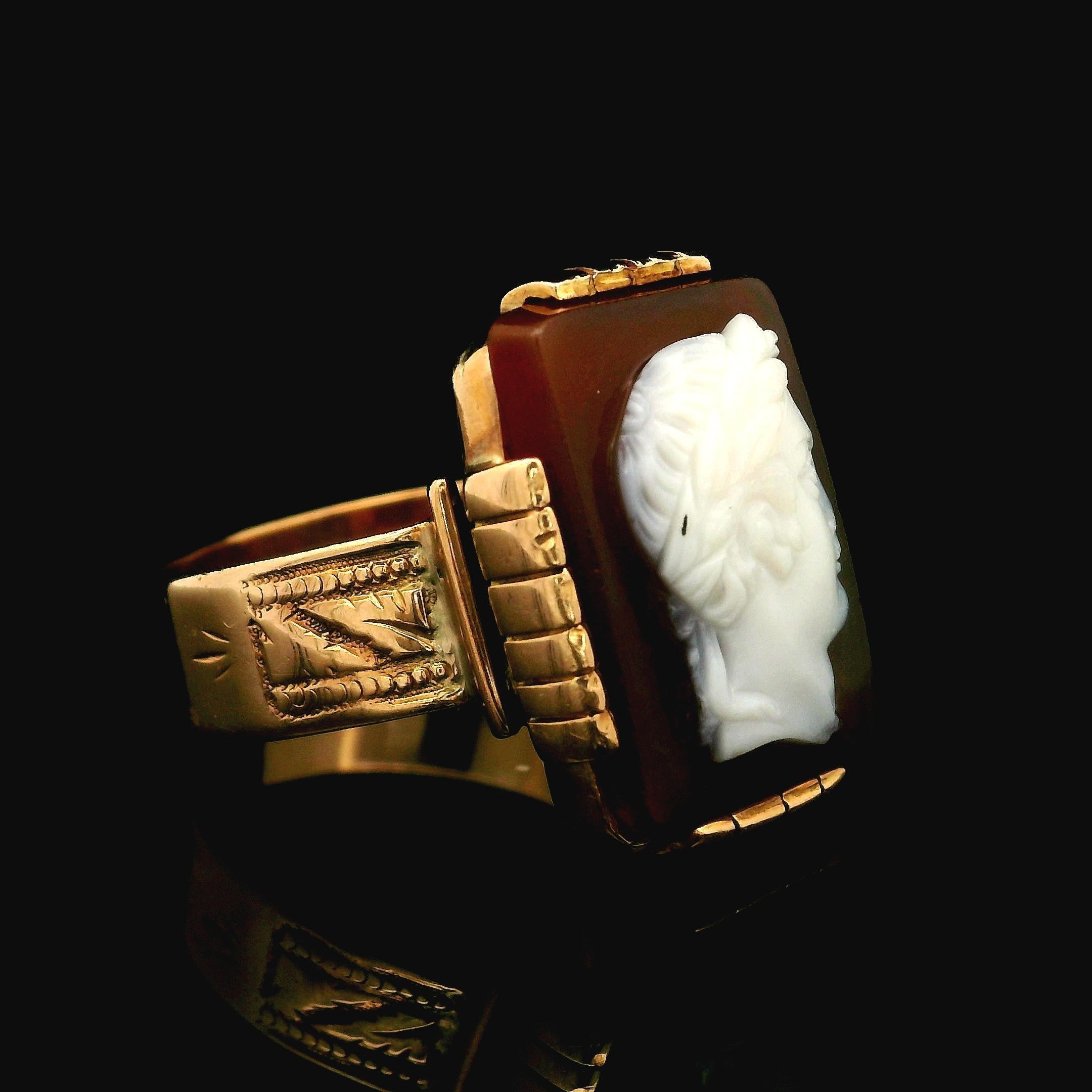 Men's Antique Victorian 14k Rosy Yellow Gold Hardstone Male Carved Cameo Ring 3