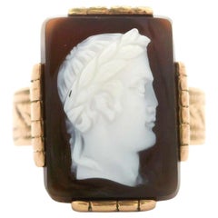 Men's Antique Victorian 14k Rosy Yellow Gold Hardstone Male Carved Cameo Ring