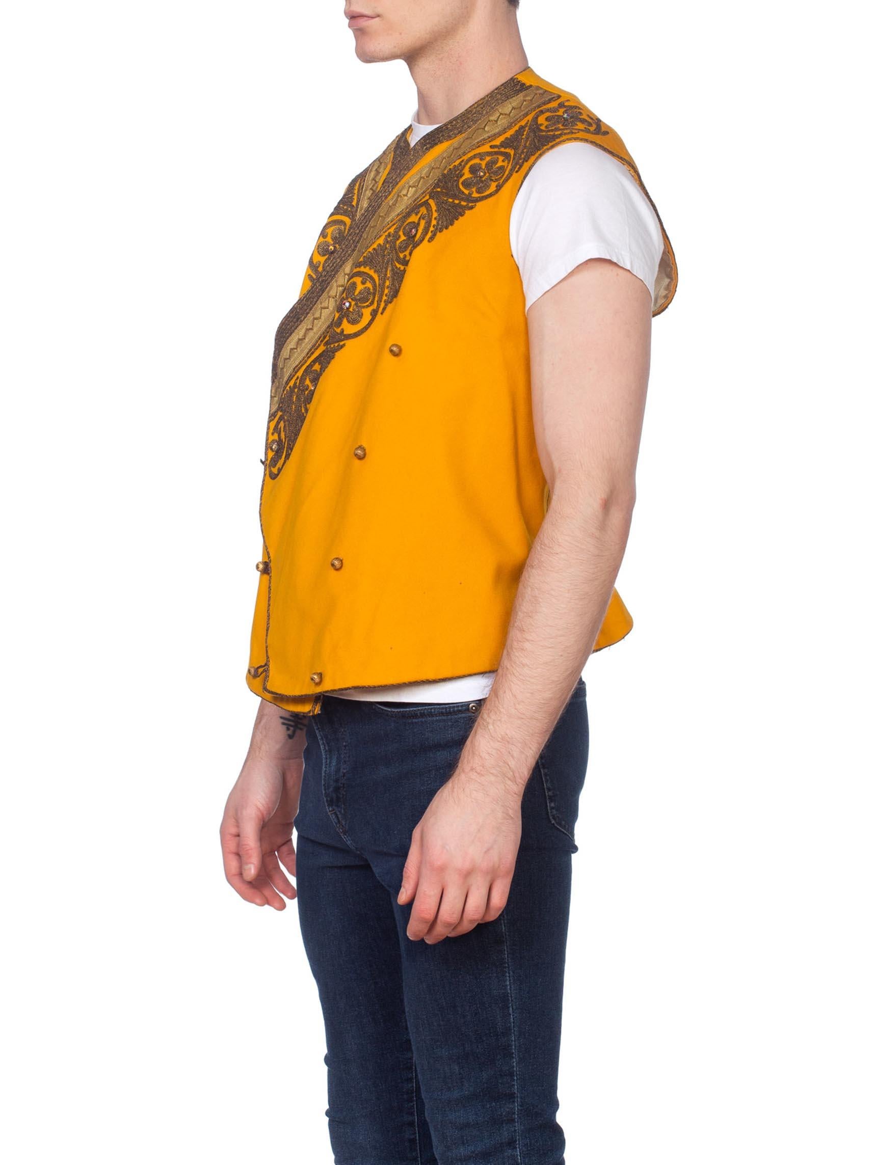 Edwardian Mustard Yellow Wool Antique Mens Silk Lined Military Vest With Gold Metal Embroidery