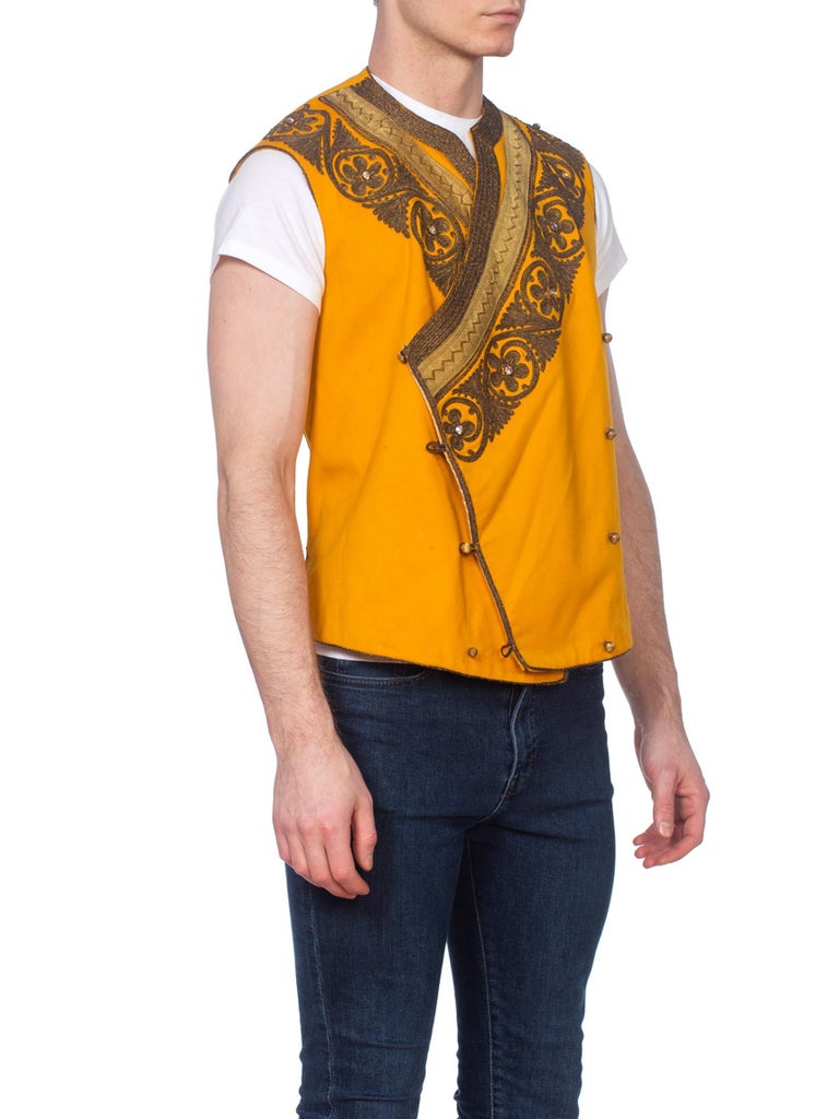 Edwardian Mustard Yellow Wool Antique Mens Silk Lined Military Vest