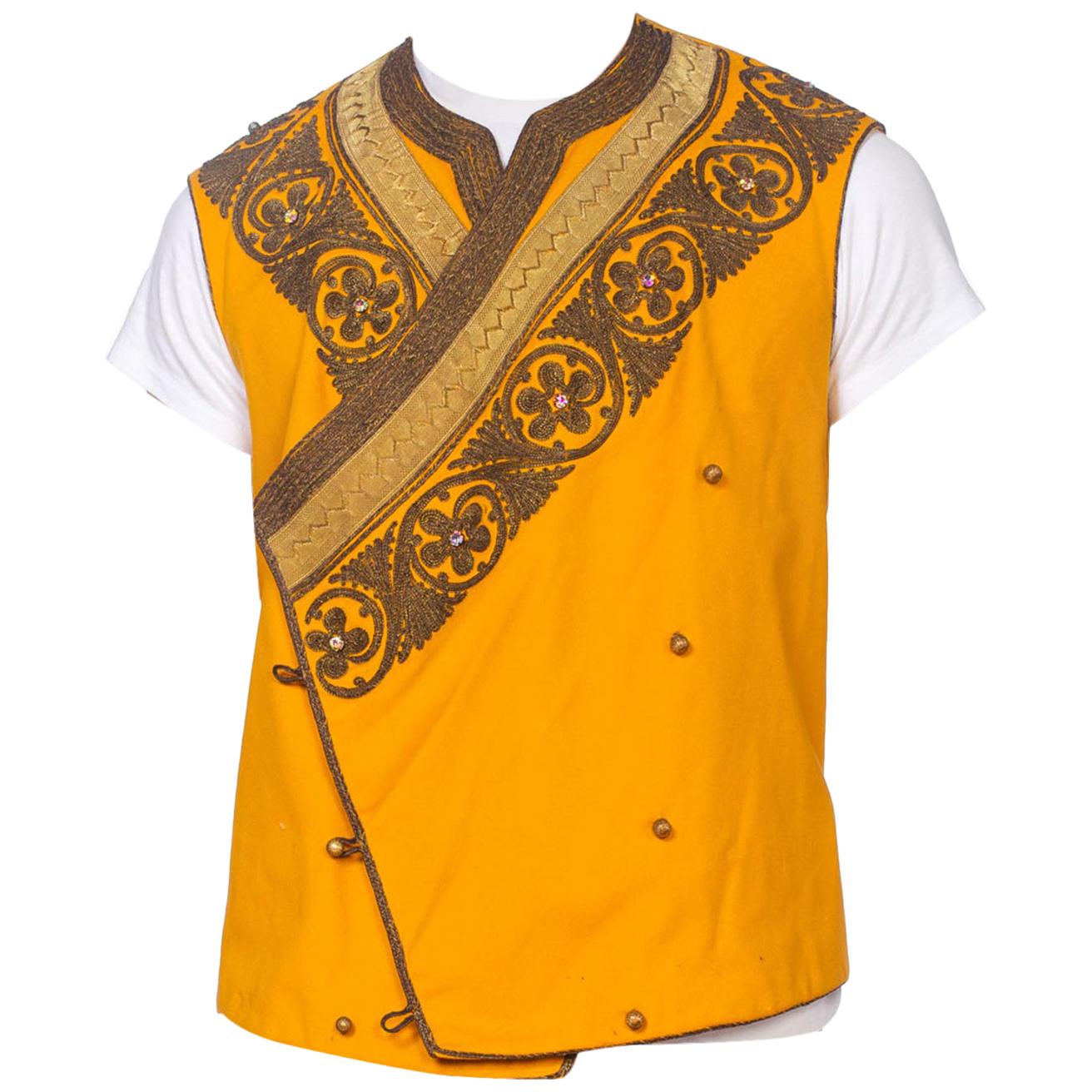Edwardian Mustard Yellow Wool Antique Mens Silk Lined Military Vest With Gold M For Sale