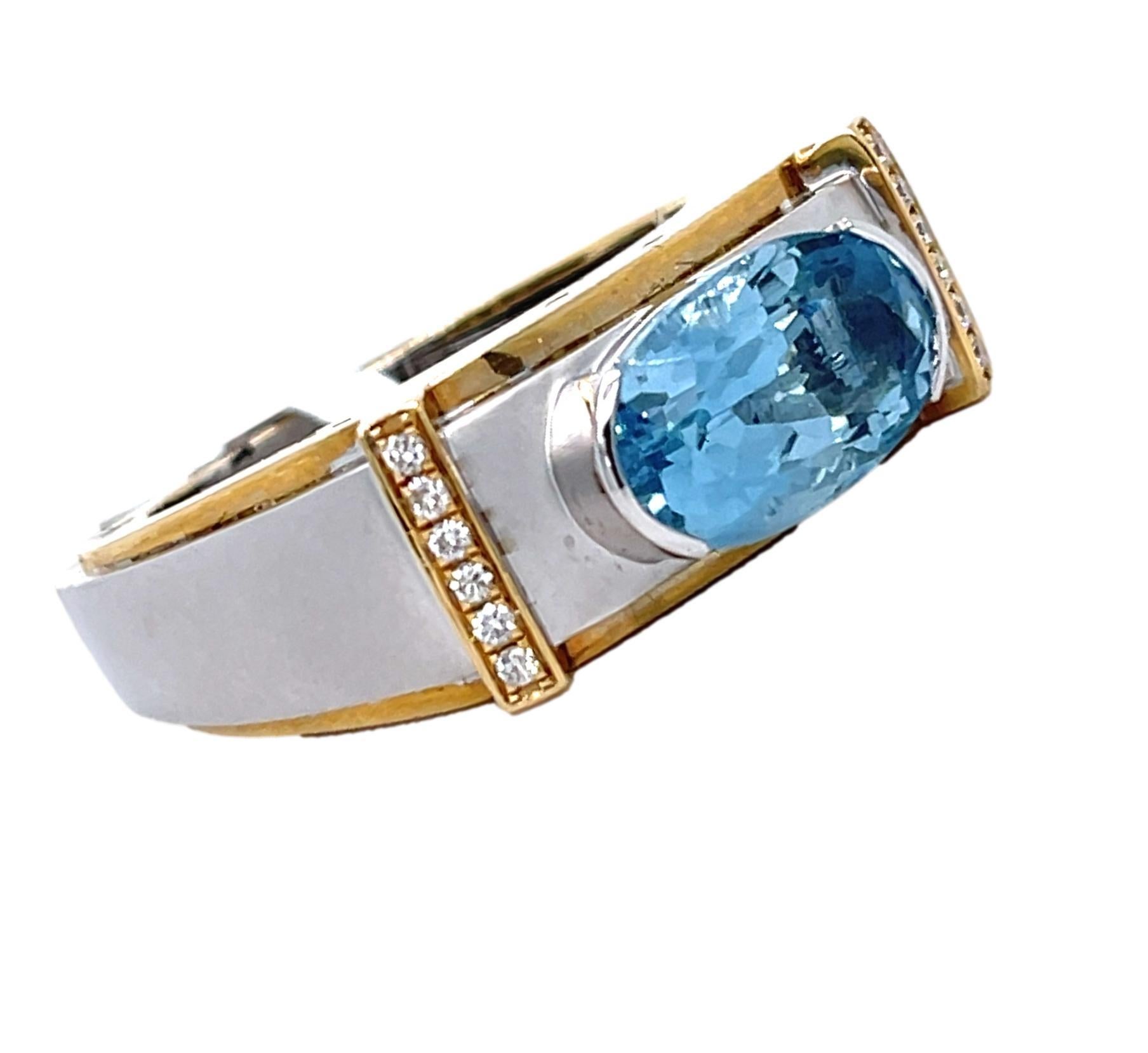 Oval Cut Men's Aquamarine and Diamond Two Tone 14KYW Gold Ring For Sale