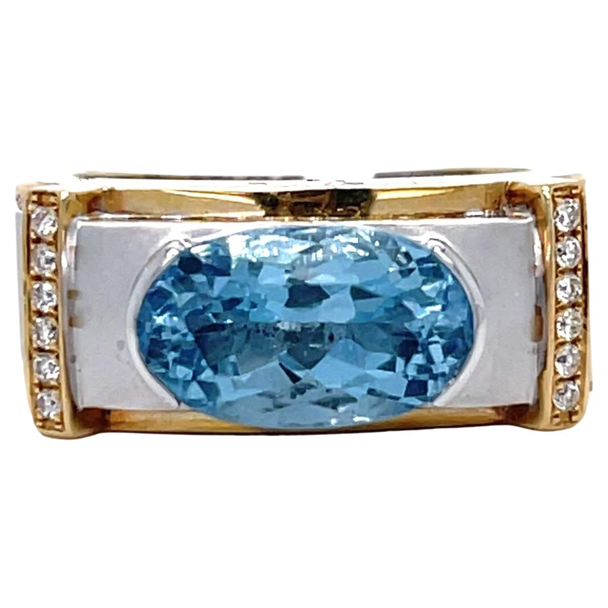 Men's Aquamarine and Diamond Two Tone 14KYW Gold Ring For Sale