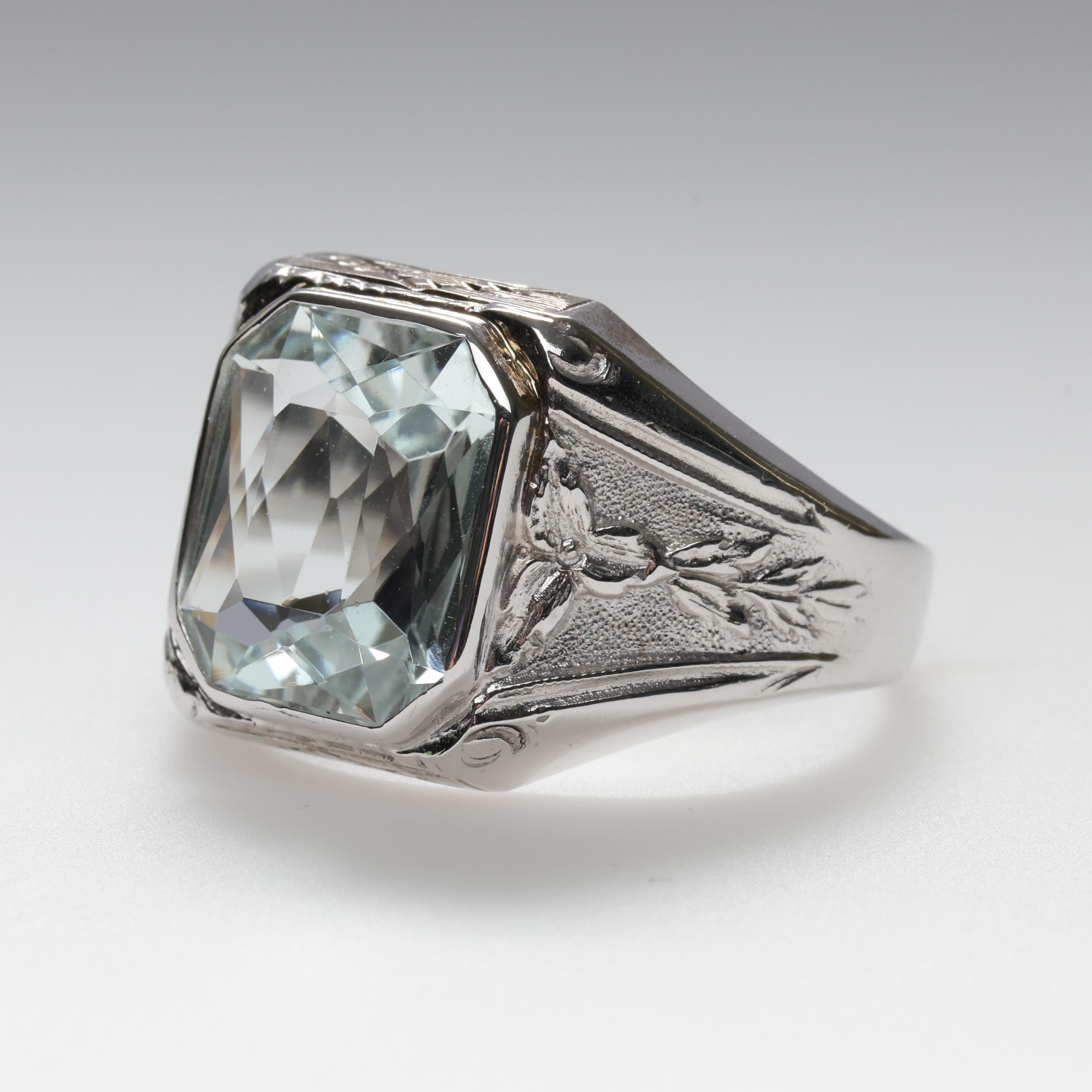 Herren Aquamarin-Ring Art Deco 5 Karat im Zustand „Hervorragend“ in Southbury, CT