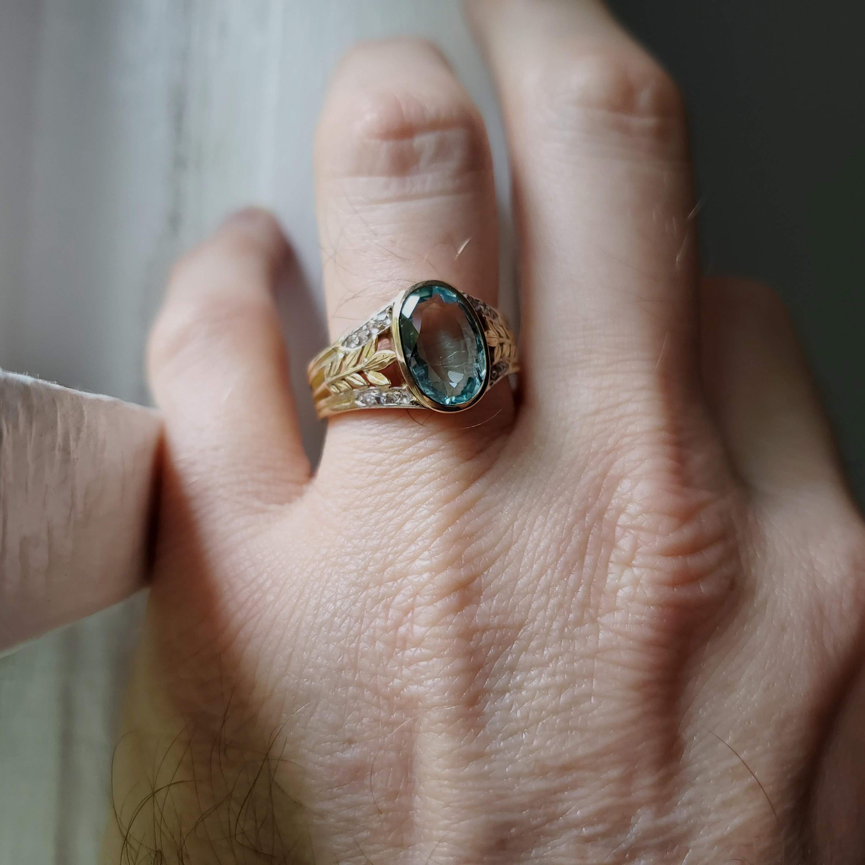 Aquamarine Ring in Gold and Platinum with Diamonds from France, Titanic Era 4