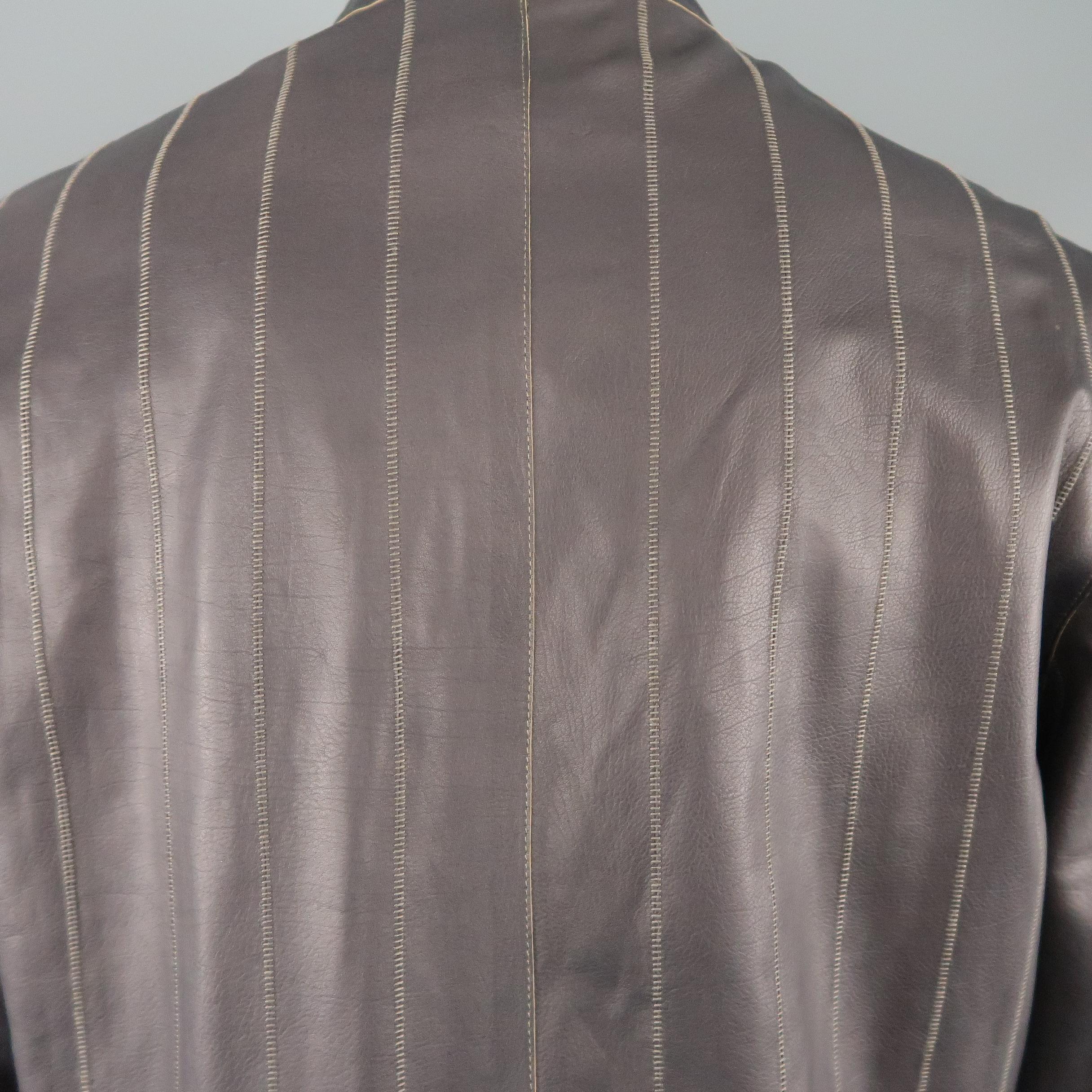 Gray Men's ARMANI COLLEZIONI 40 Purple Stitched Leather Biker Jacket