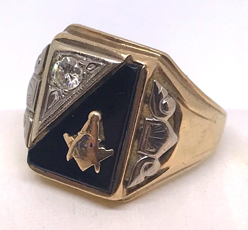 Mens Art Deco Masonic Gold, Diamond and Onyx Ring 3