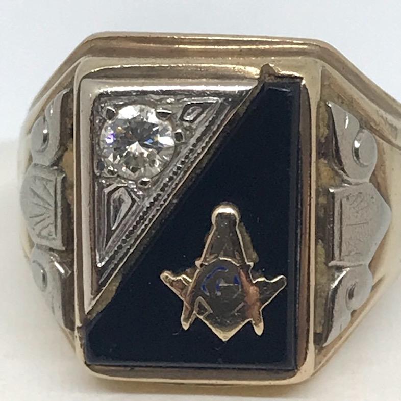 Mens Art Deco Masonic Gold, Diamond and Onyx Ring 6