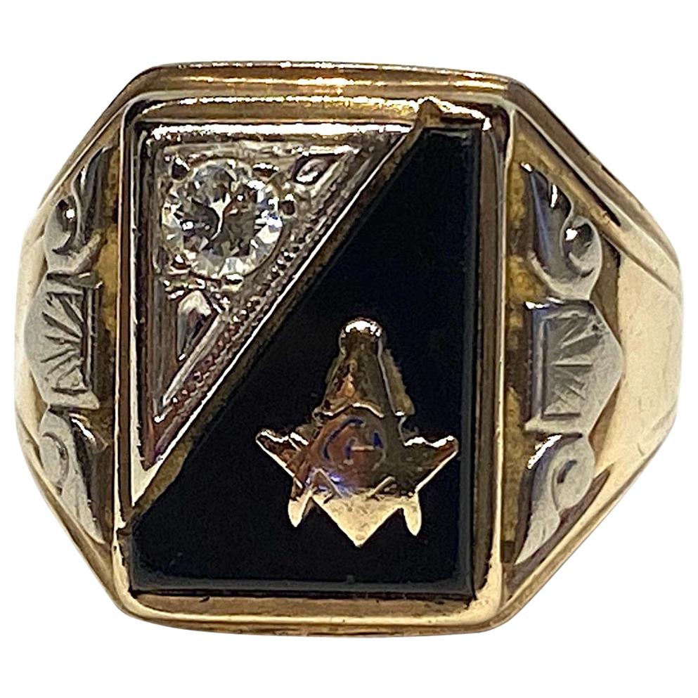 Mens Art Deco Masonic Gold, Diamond and Onyx Ring