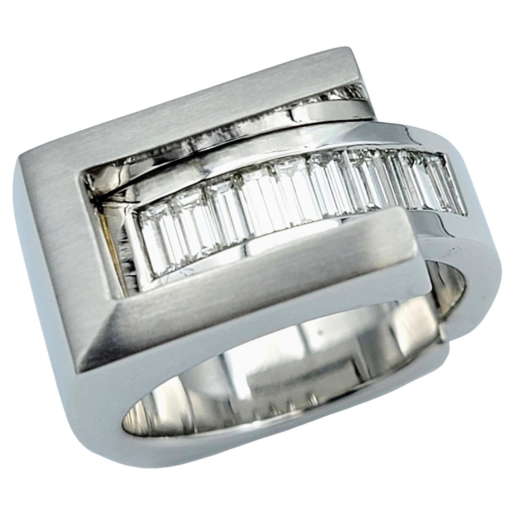 Contemporary Gauthier Mens Asymmetrical Baguette Diamond Band Ring in Brushed & Polished Gold