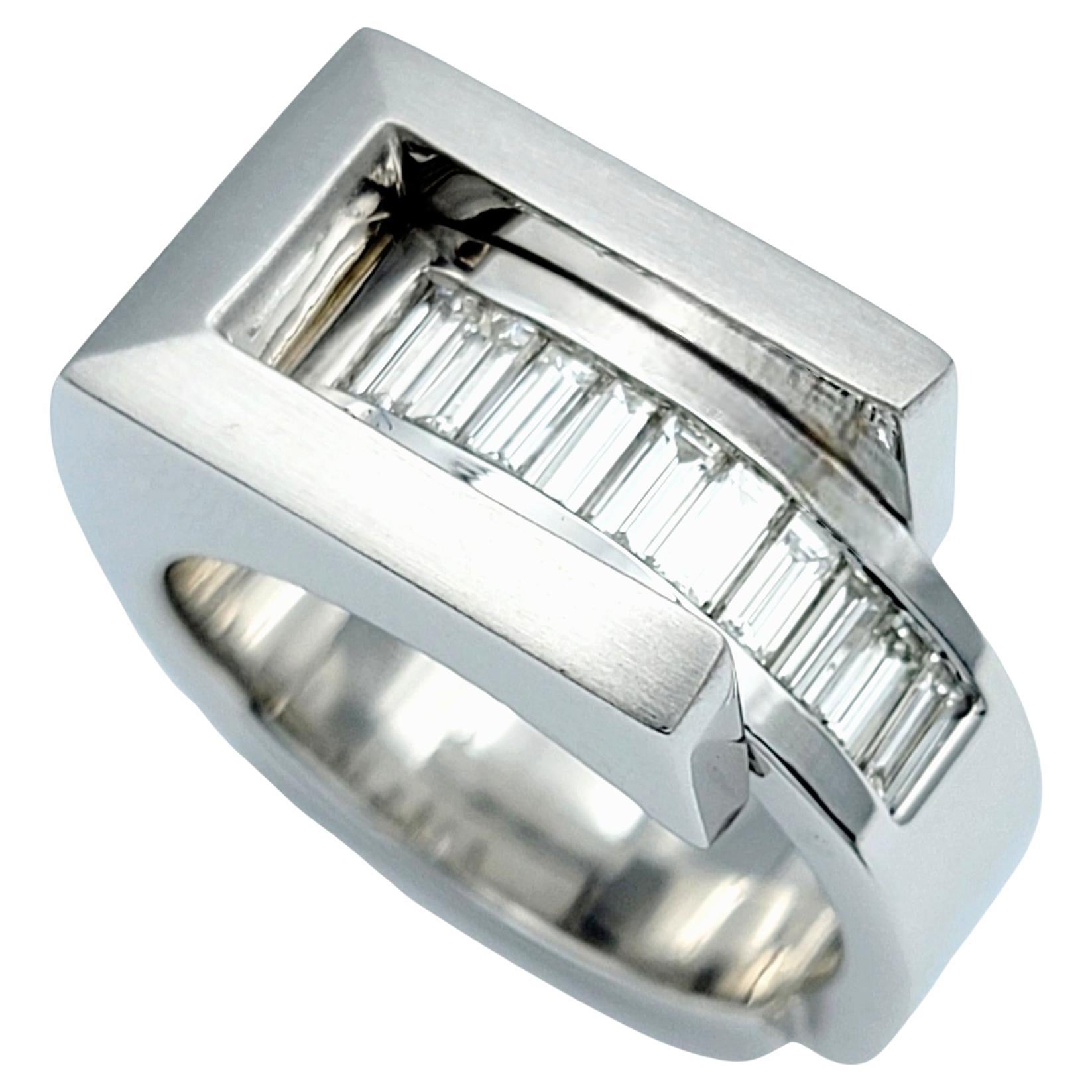 Gauthier Mens Asymmetrical Baguette Diamond Band Ring in Brushed & Polished Gold