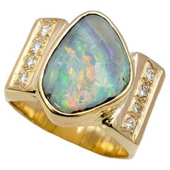 Vintage Mens Asymmetrical Tablet Opal and Diamond Band Ring in 14 Karat Hammered Gold