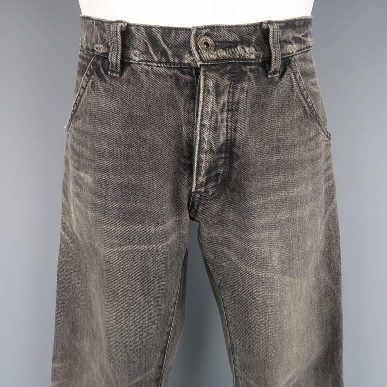 Men's ATTACHMENT Size 32 Charcoal Distressed Washed Denim Diagonal Seam