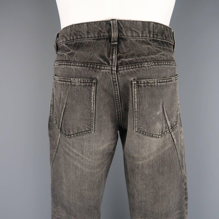 Men's ATTACHMENT Size 32 Charcoal Distressed Washed Denim Diagonal Seam