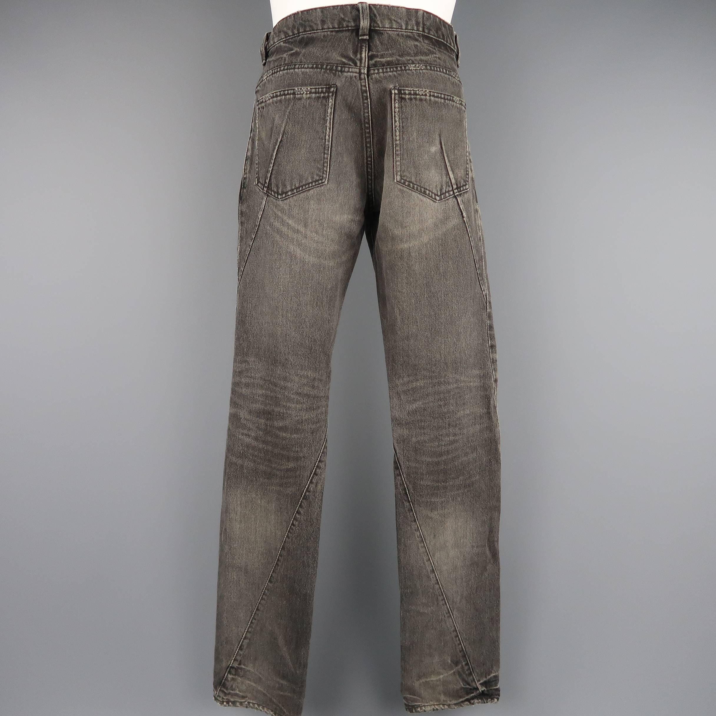 Black Men's ATTACHMENT Size 32 Charcoal Distressed Washed Denim Diagonal Seam Jeans