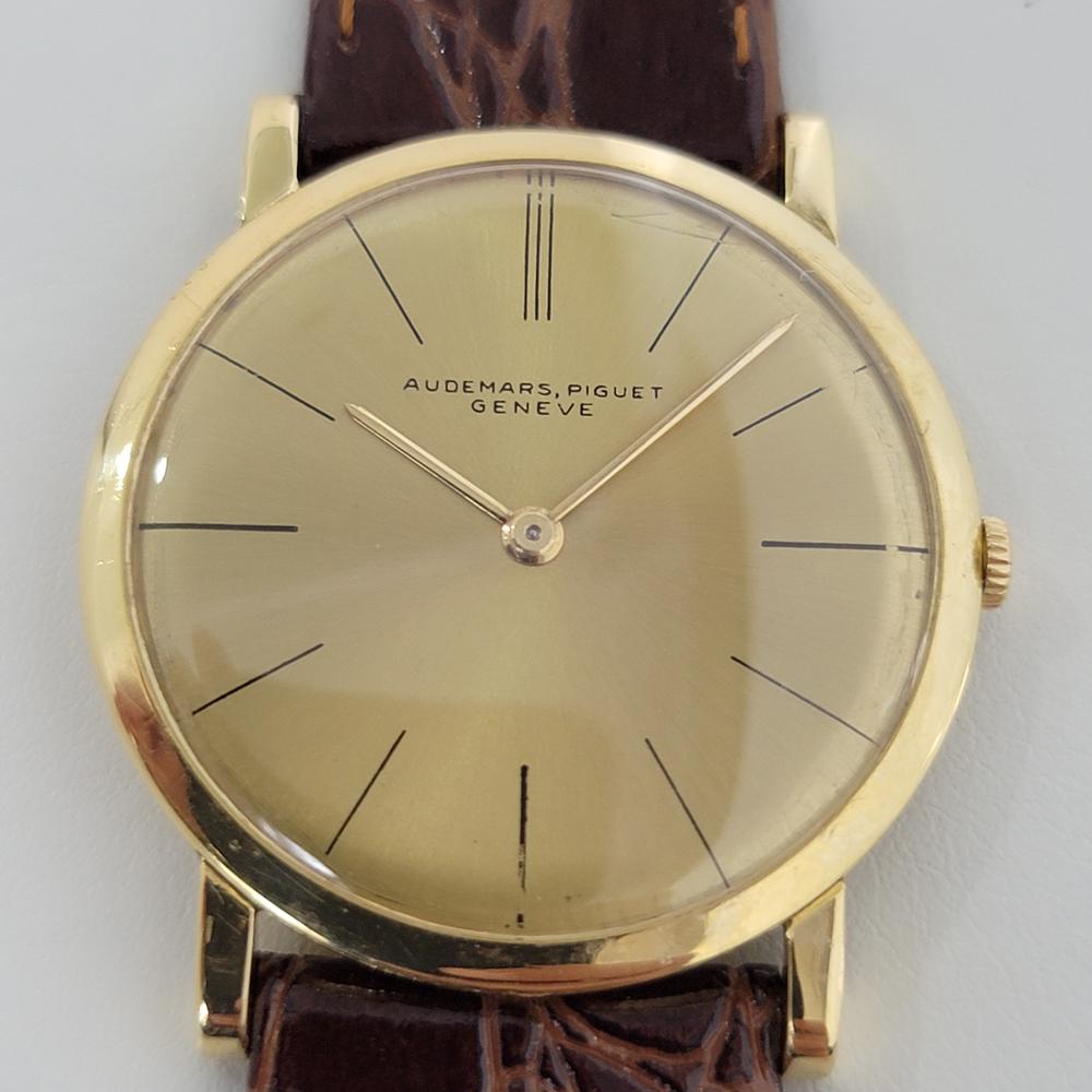 Zeitloser Luxus, ultradünne Herrenuhr mit Handaufzug von Audemars Piguet aus 18 Karat massivem Gold, ca. 1960er Jahre. Von einem Uhrmachermeister für echt befunden. Originales, unrestauriertes Audemars Piguet-Goldzifferblatt, Genfer Punzierung,