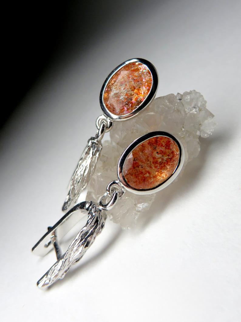 Artigiano Anello da uomo in argento con pietra solare avventurina, fiore arancione, stile vintage autentico in vendita