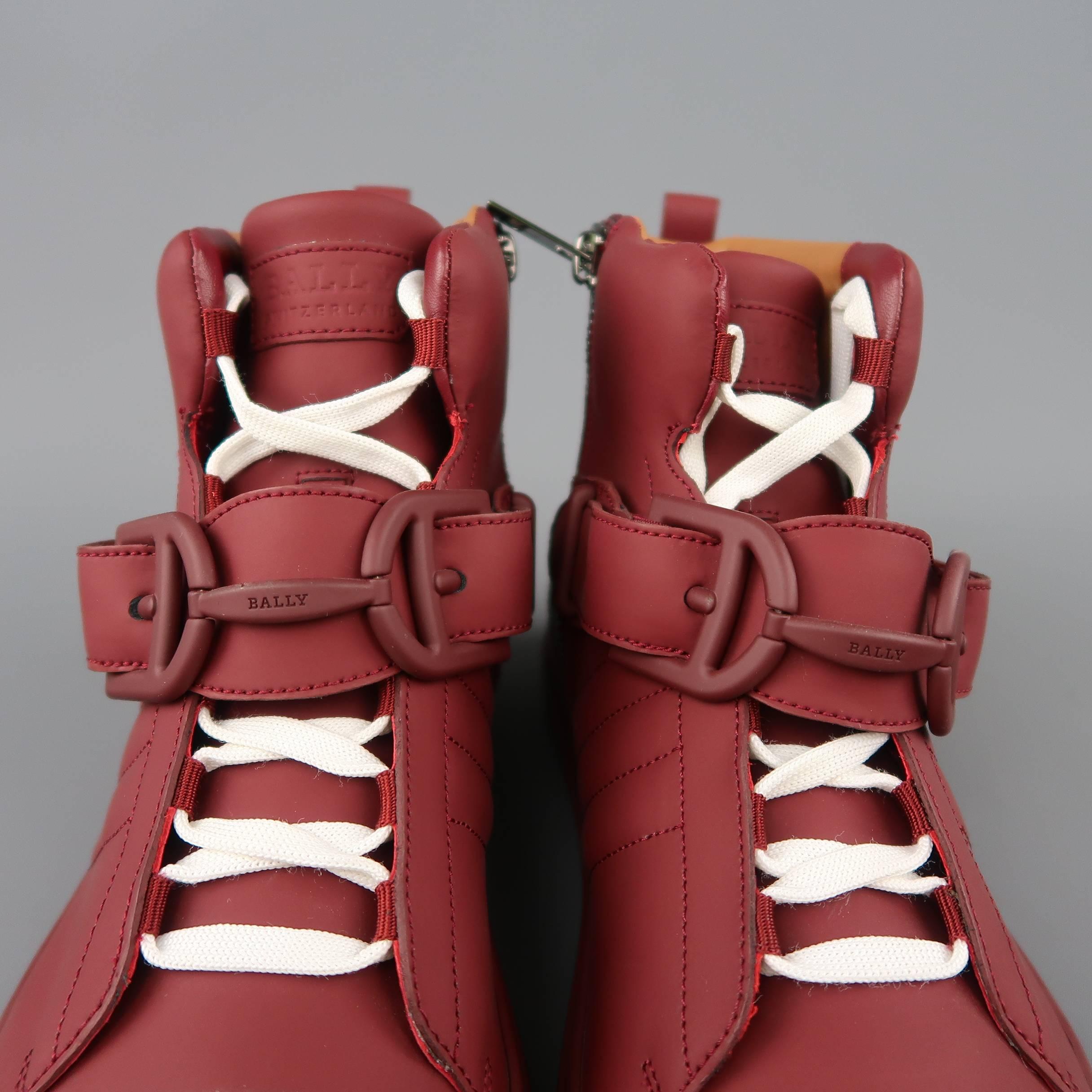 Men's BALLY Size 11.5 Burgundy Leather Horsebit Strap Heilwing High Top Sneakers In Excellent Condition In San Francisco, CA