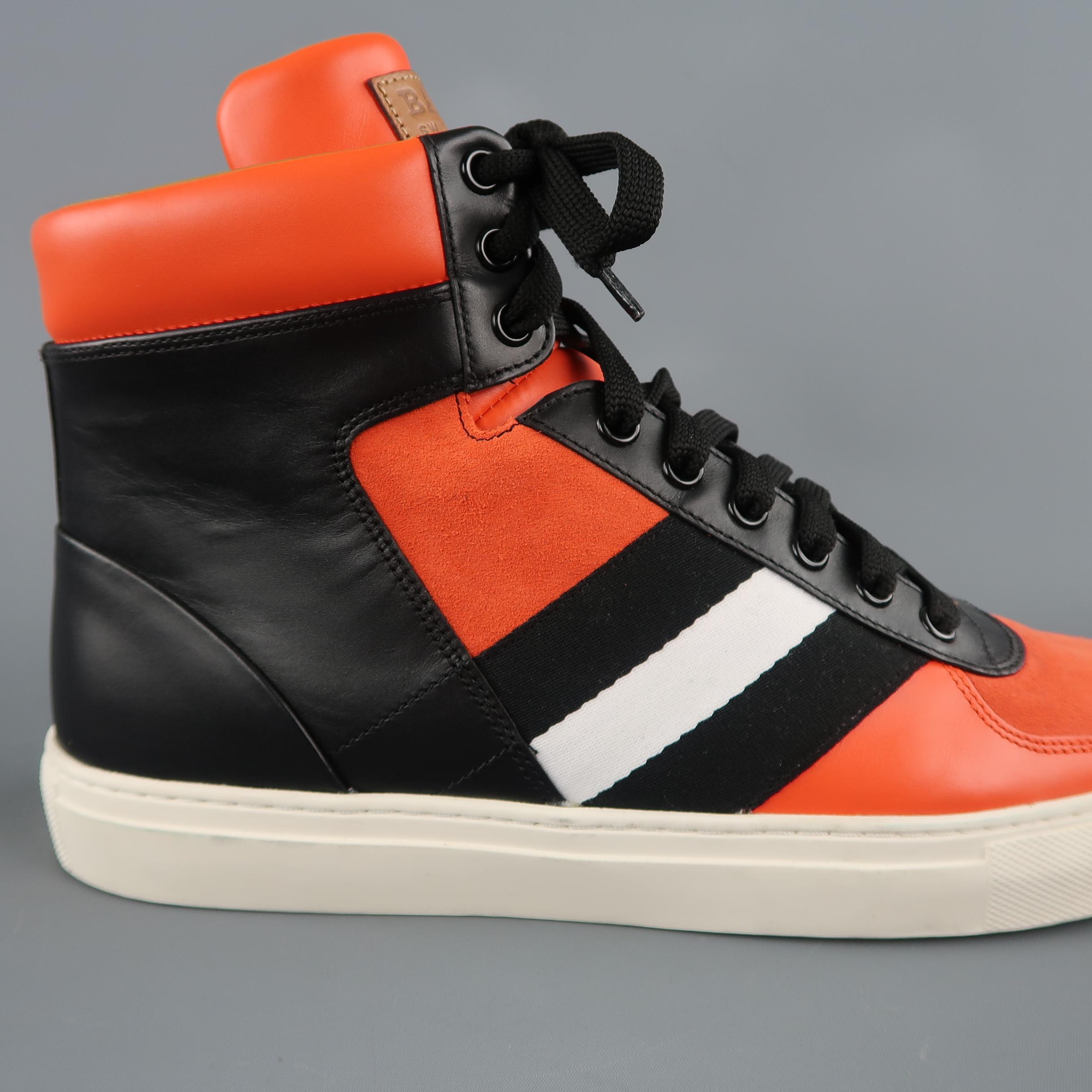 Men's BALLY Size 11.5 Orange and Black Leather and Suede Stripe High ...