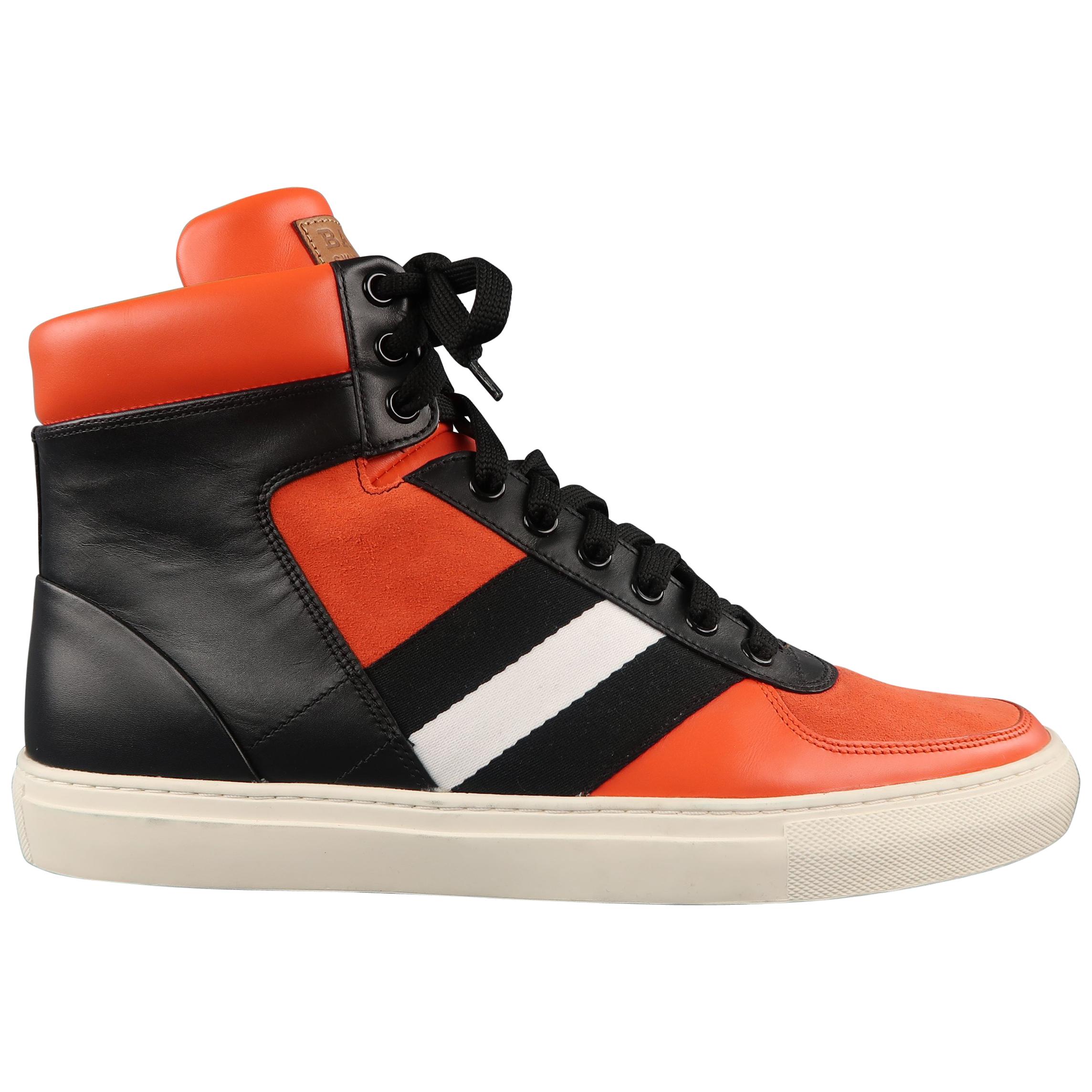 Men's BALLY Size 11.5 Orange and Black Leather and Suede Stripe High ...