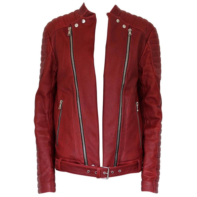Men's Balmain Red Leather Biker Jacket 52 For Sale at 1stDibs