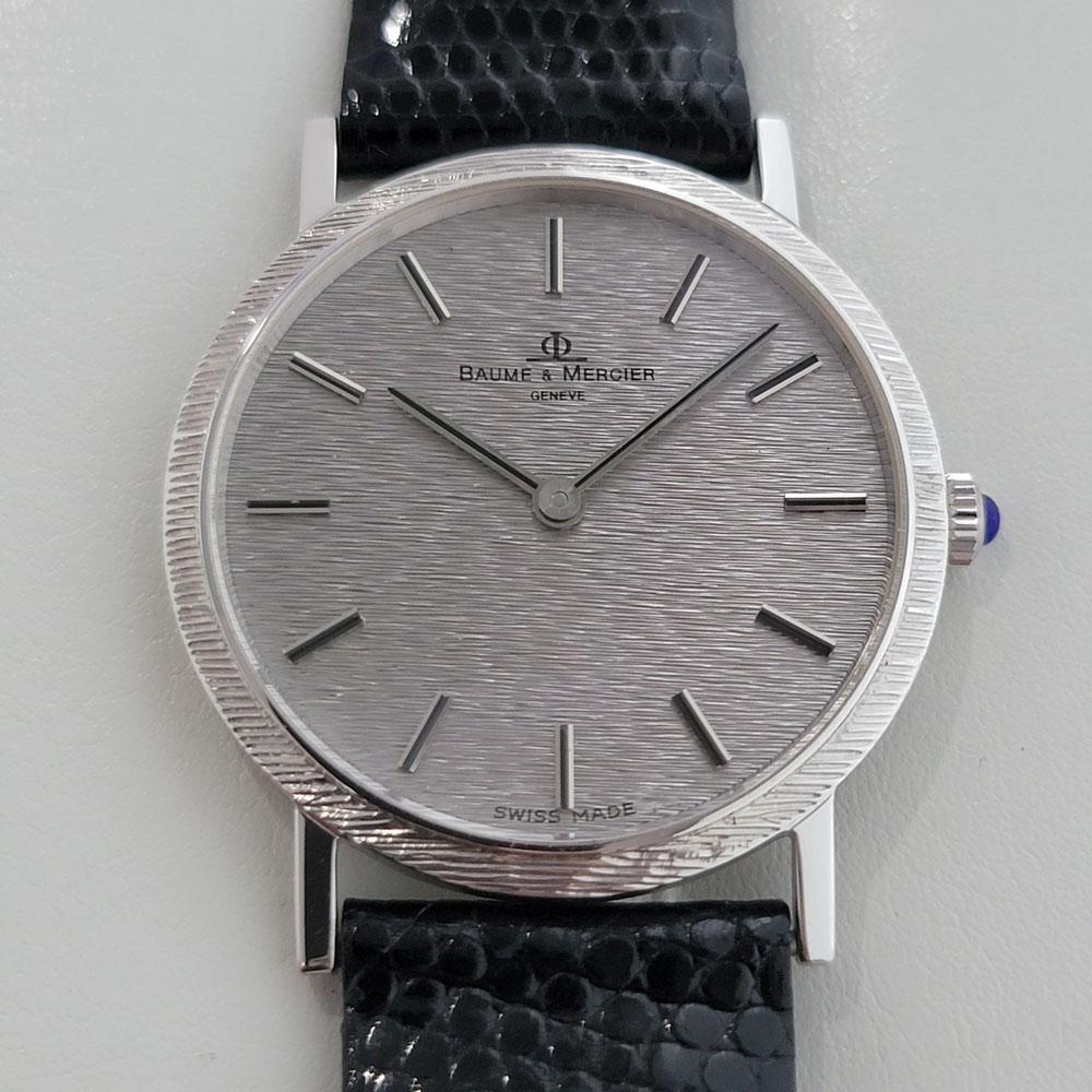 Timeless classic, Men's 18k solid white gold Baume & Mercuer manual wind dress watch, c.1990s, all original, with original box from Fred Beverly Hills. Verified authentic by a master watchmaker. Gorgeous Baume & Mercier signed textured dial, applied